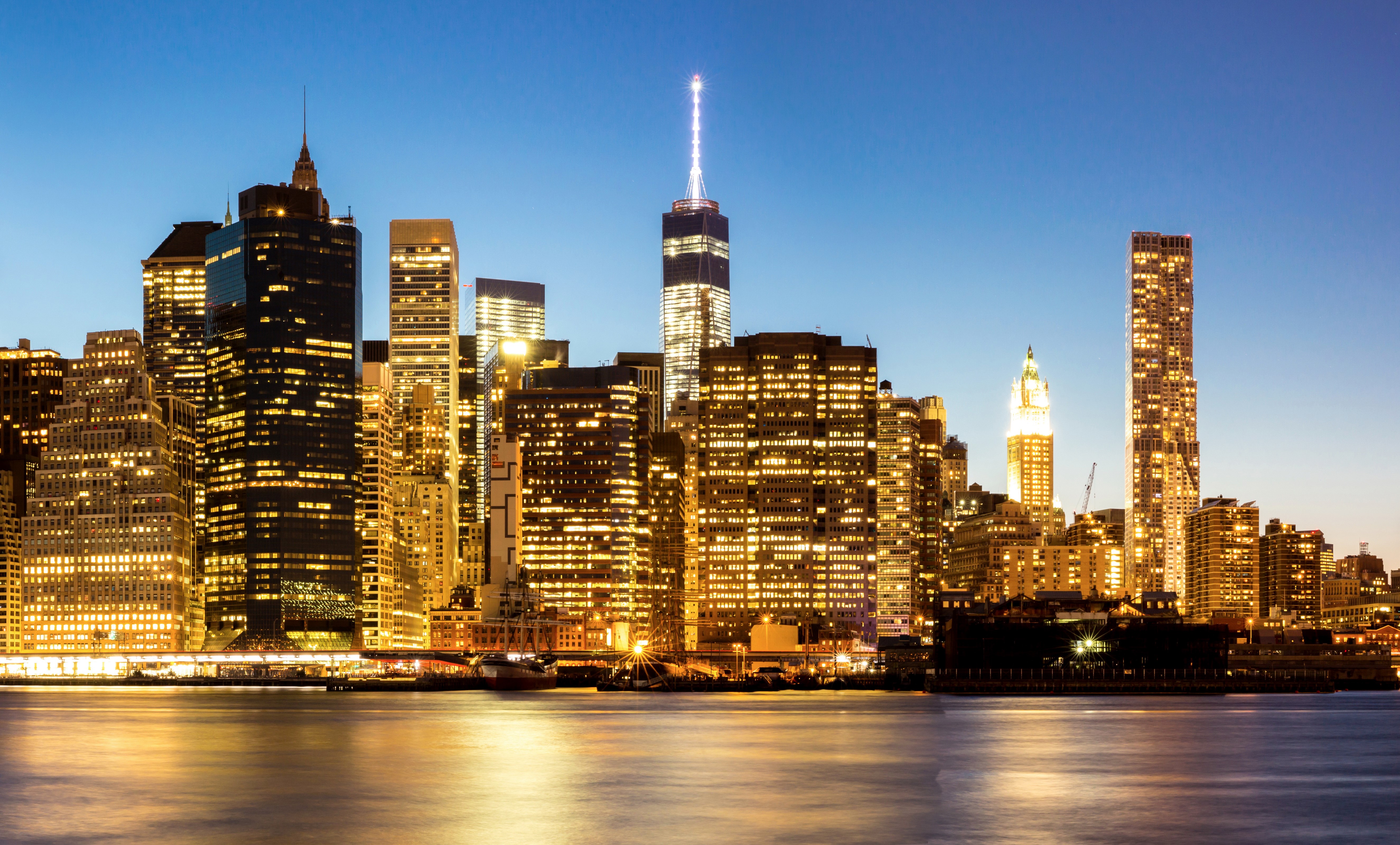 New York City Skyline at Night over River HD Wallpaper