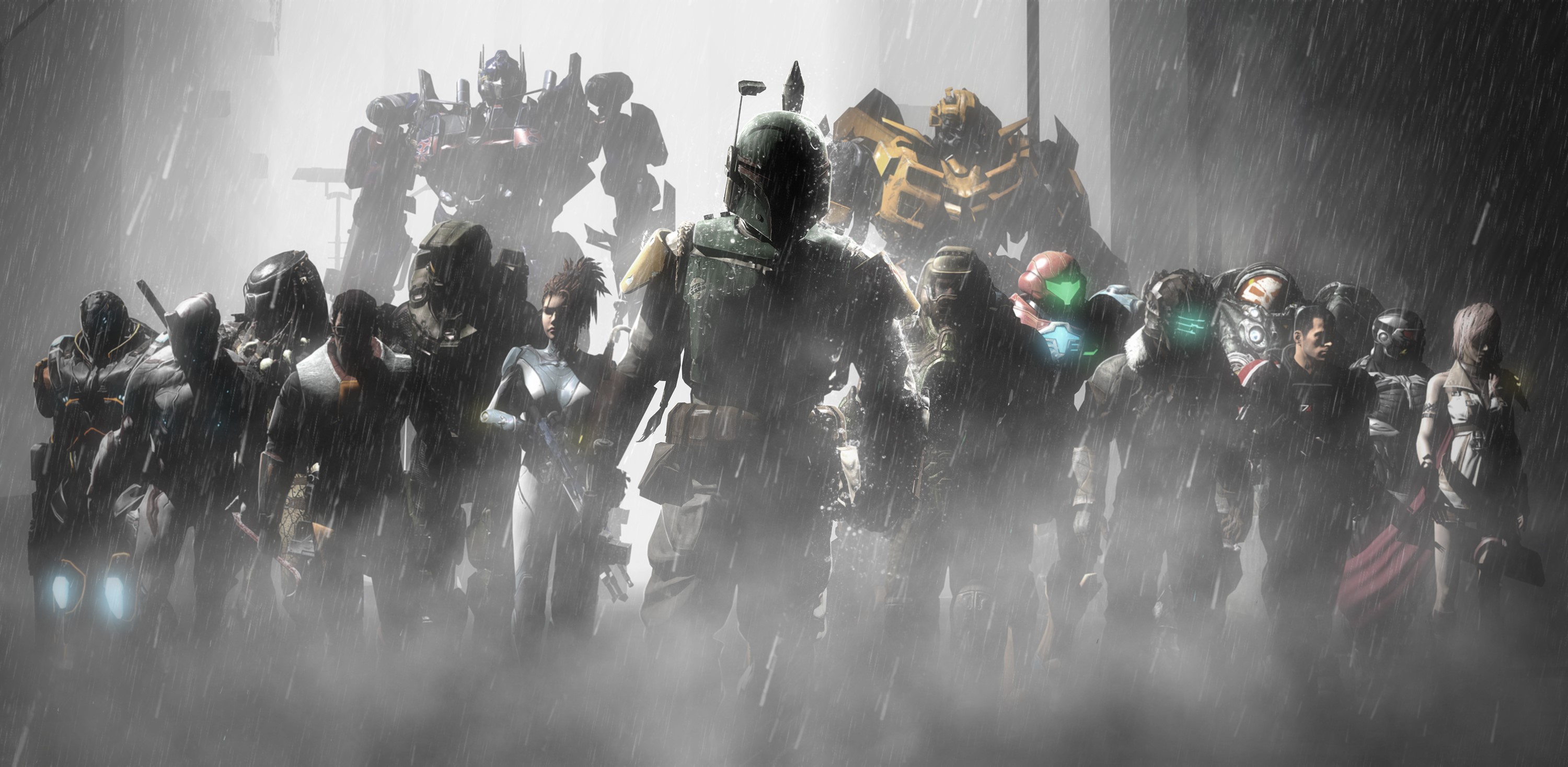 Boba Fett and other warriors in the rain HD Wallpaper