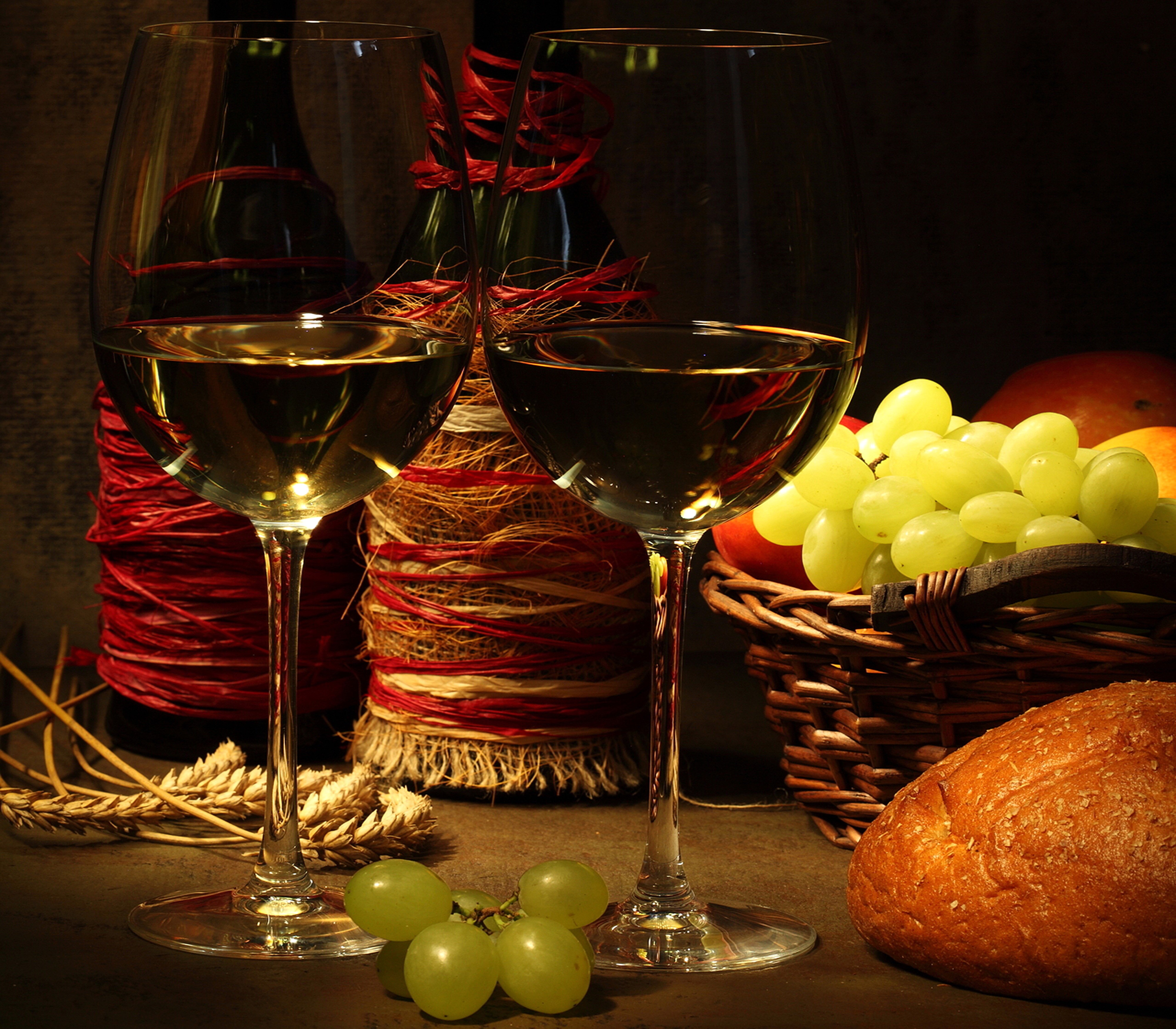 Still-life with wine, grapes, and bread HD Wallpaper
