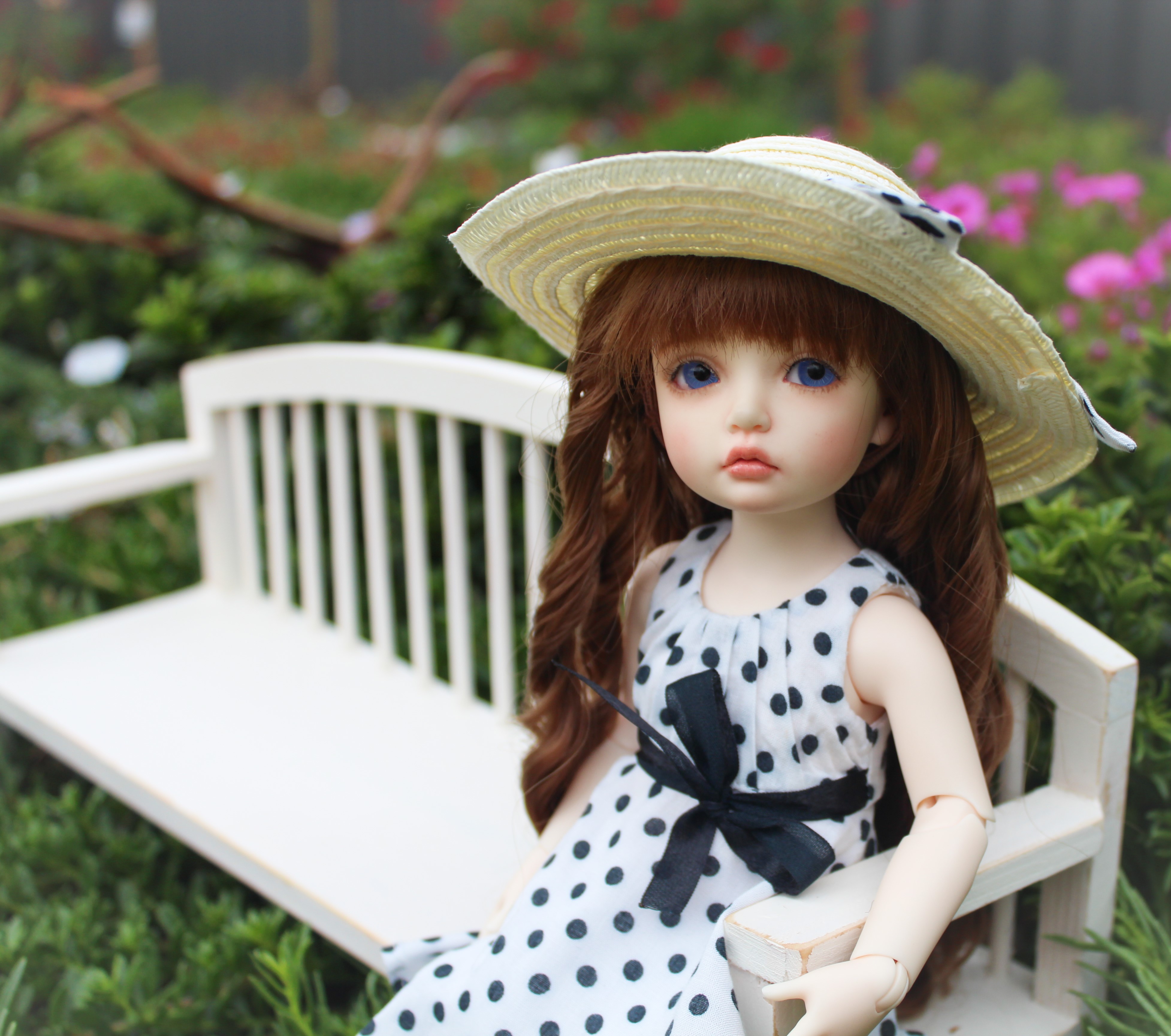 BJD doll wearing a hat and dress on a bench HD Wallpaper