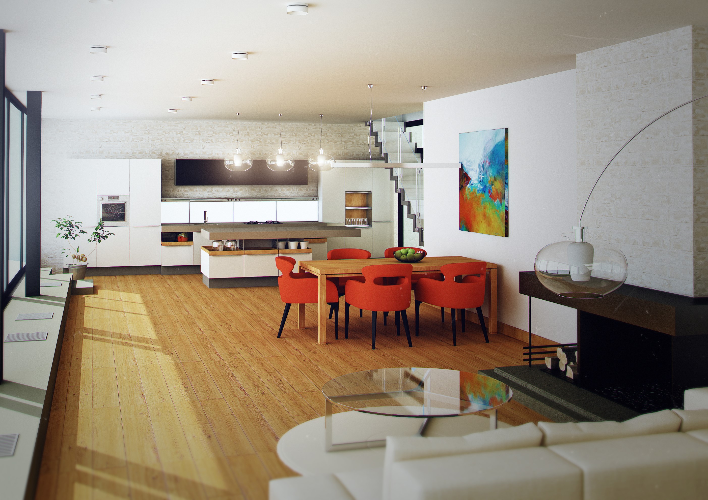 Modern open-plan kitchen and dining room HD Wallpaper