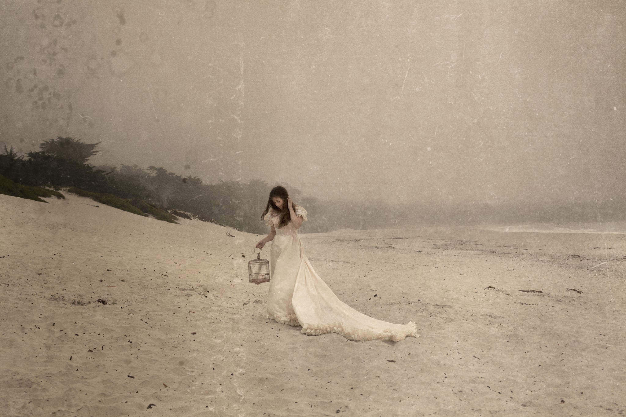 Woman in a white dress holding a birdcage on a beach HD Wallpaper