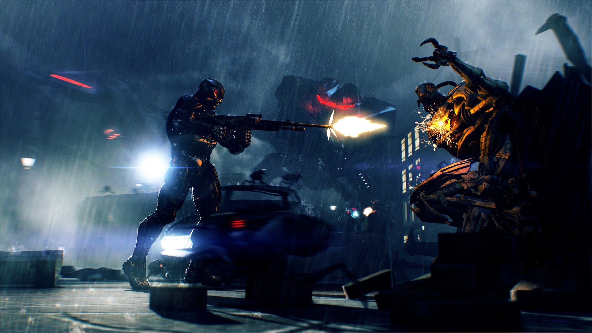 Soldier fighting alien monster in Crysis 2 during rain HD Wallpaper