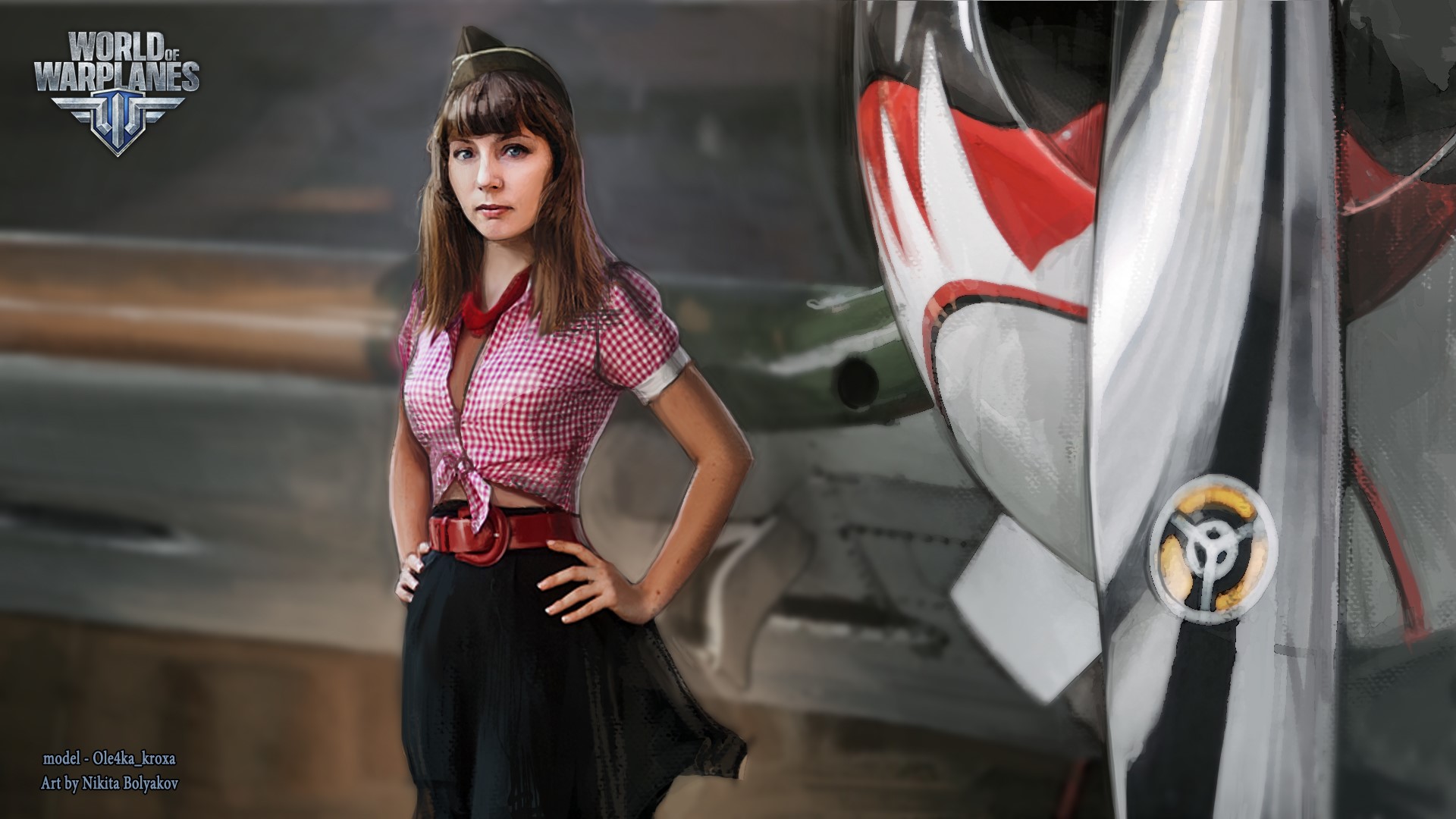 Woman in pin-up style outfit next to World of Warplanes aircraft HD Wallpaper