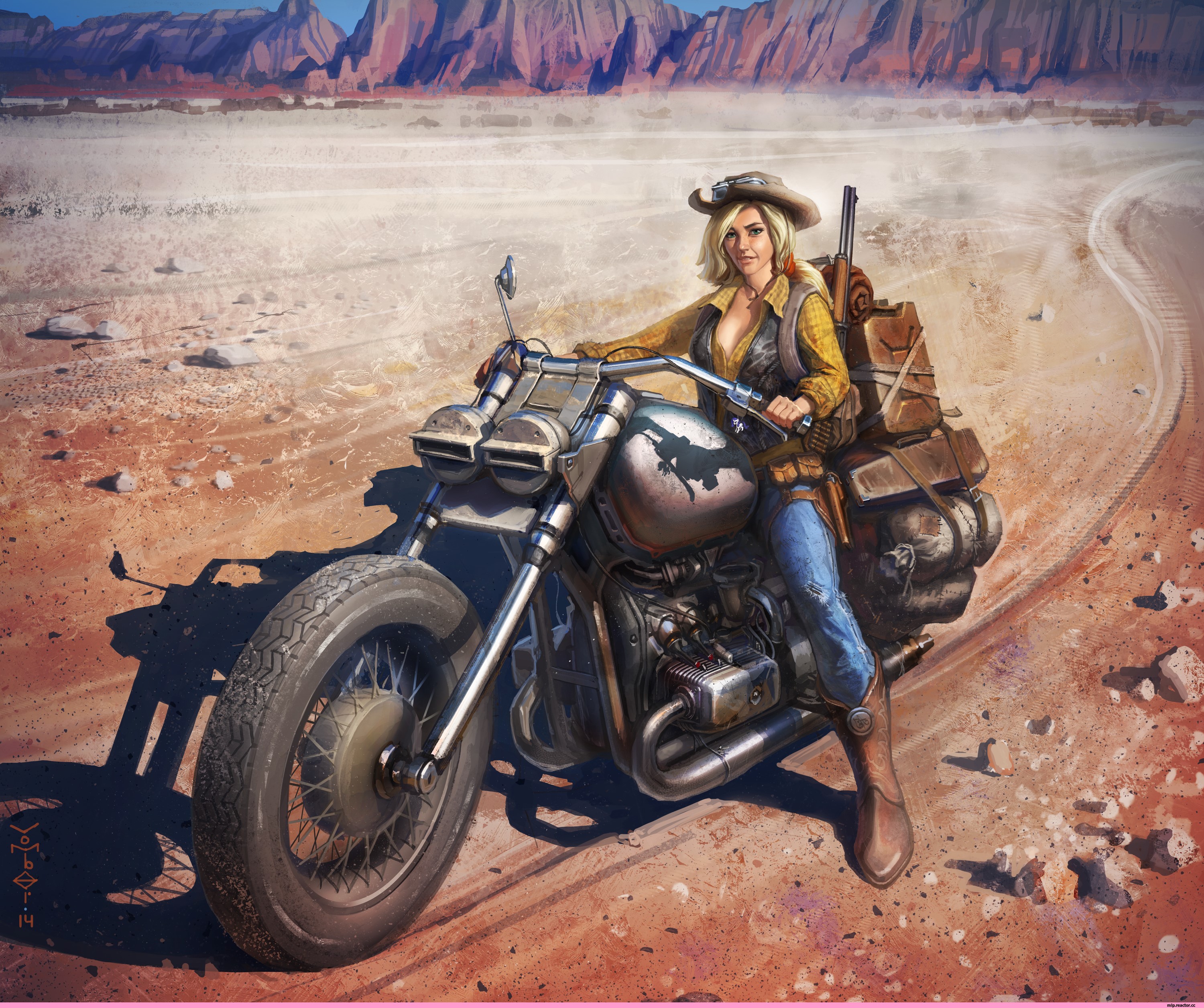 Woman in cowboy hat on a motorcycle in the desert HD Wallpaper
