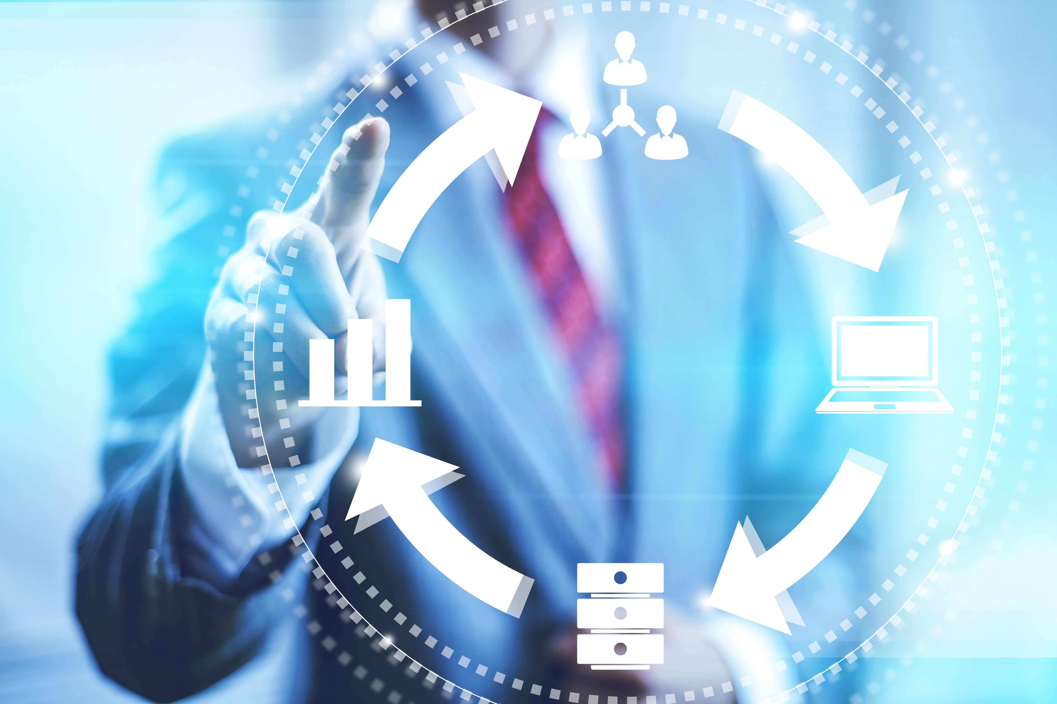 Man touching digital business process diagram HD Wallpaper