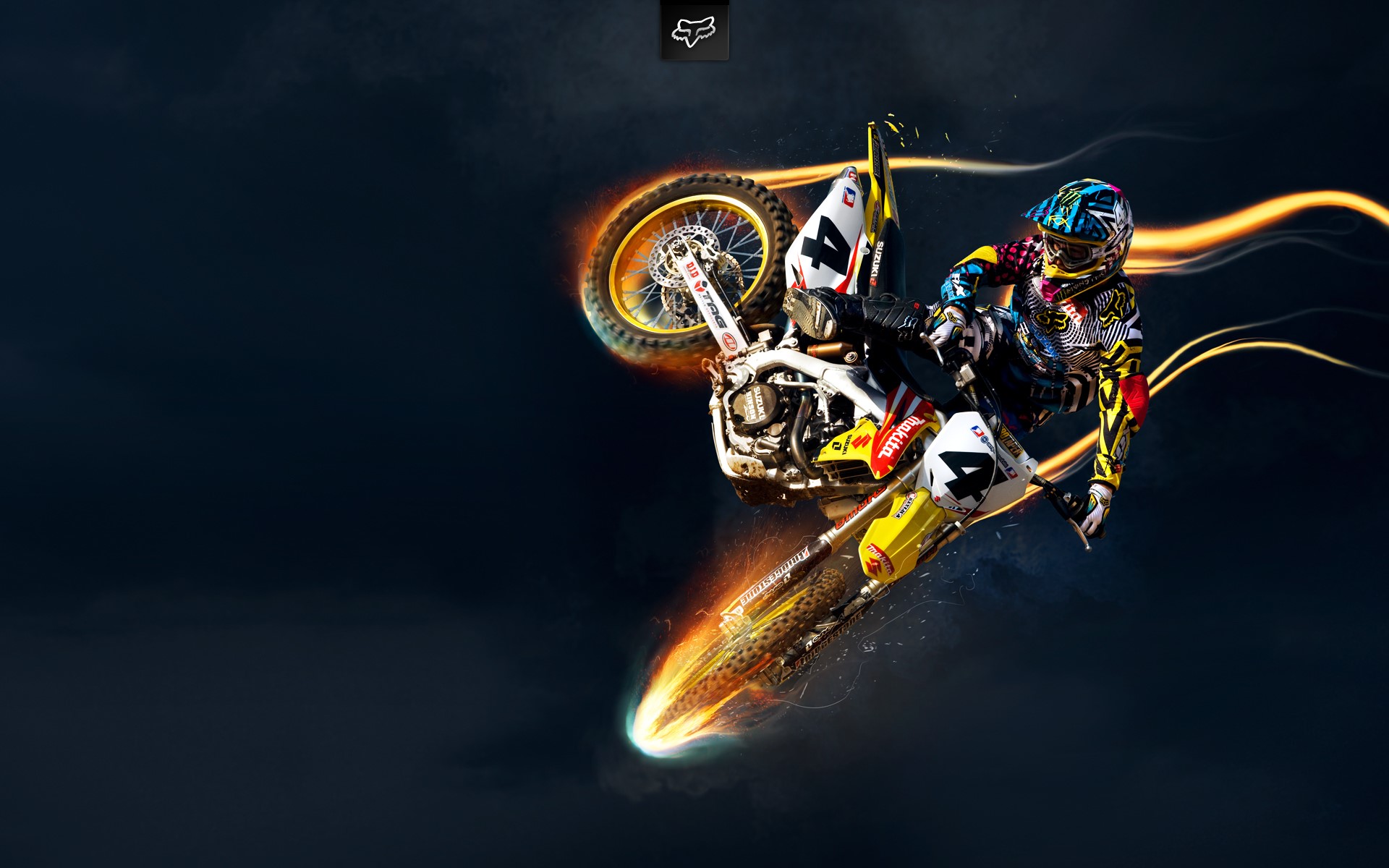 Motocross Rider Performing a Jump with Fire Effects HD Wallpaper