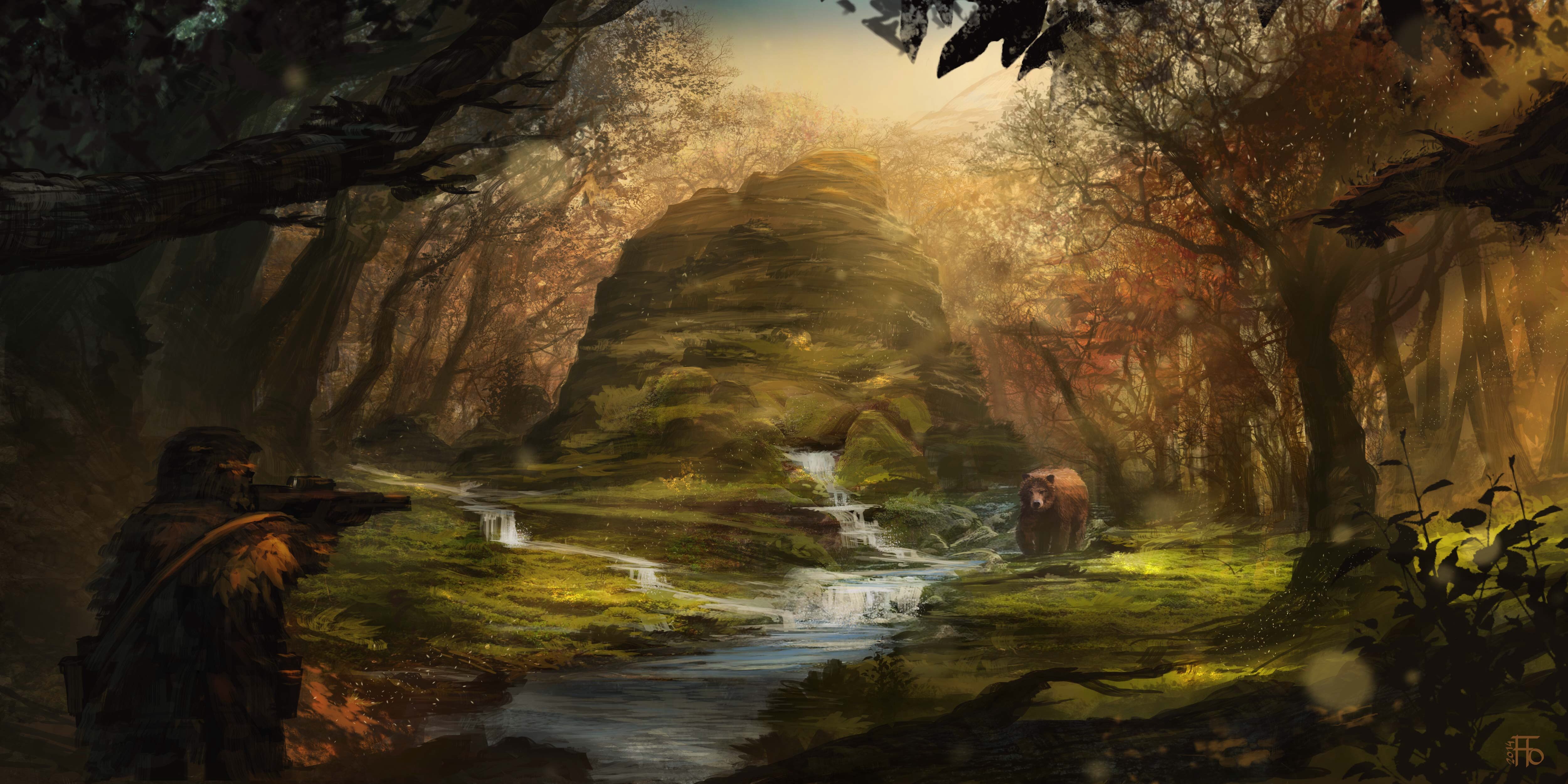 Painting of a sniper aiming at a bear by a stream HD Wallpaper