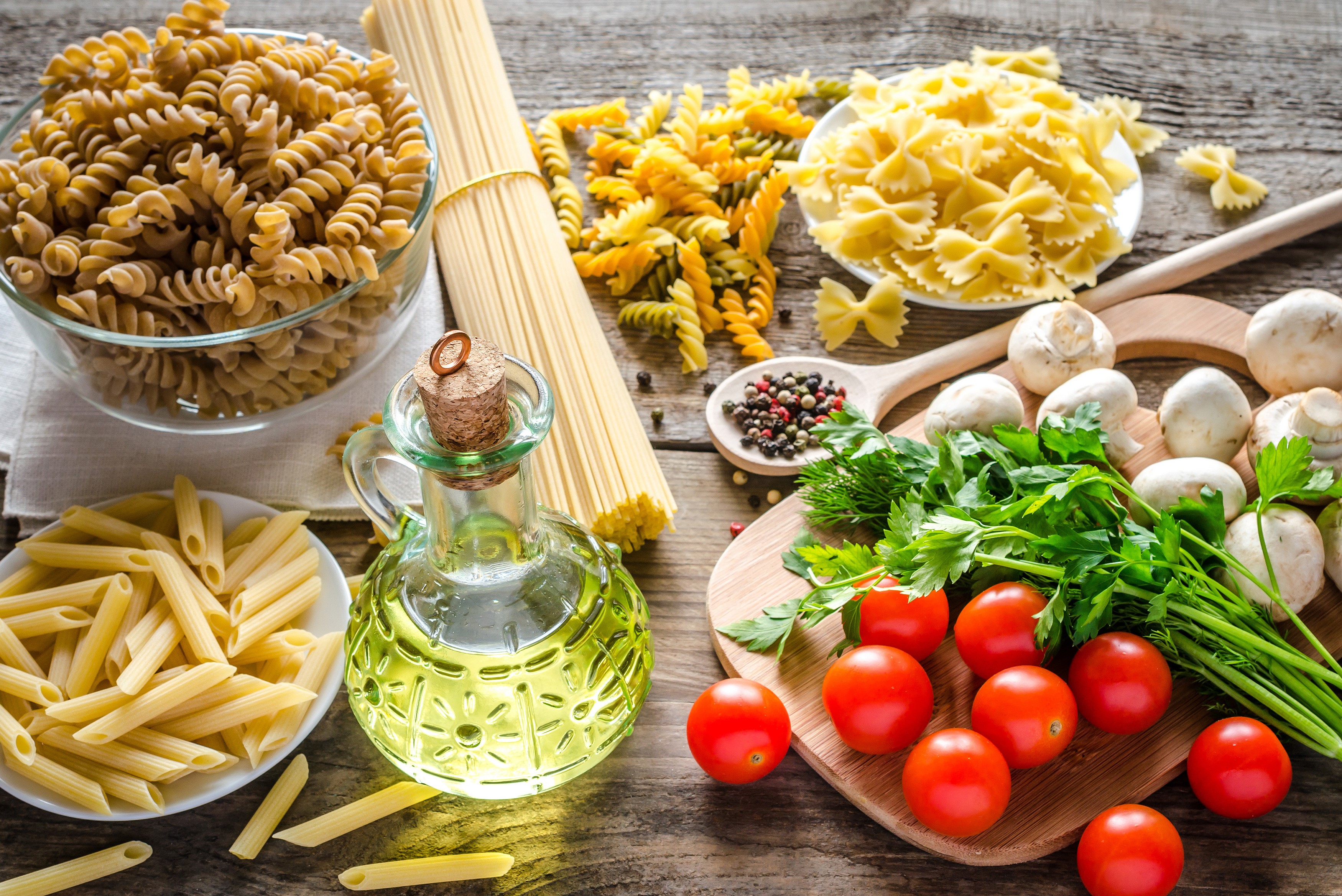 Assortment of Pasta, Tomatoes, Mushrooms, and Olive Oil HD Wallpaper