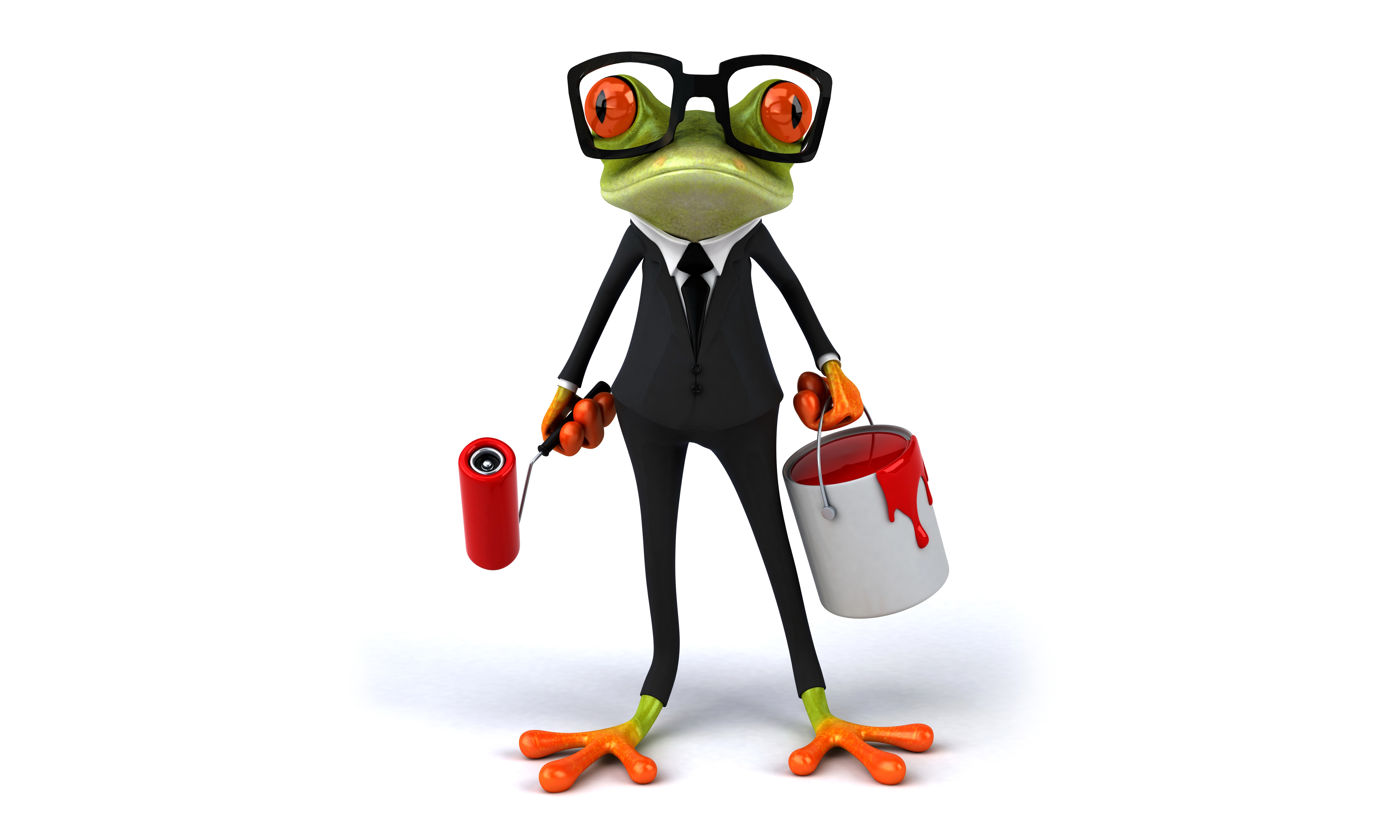 Frog in a suit with glasses holding a paint roller and can HD Wallpaper
