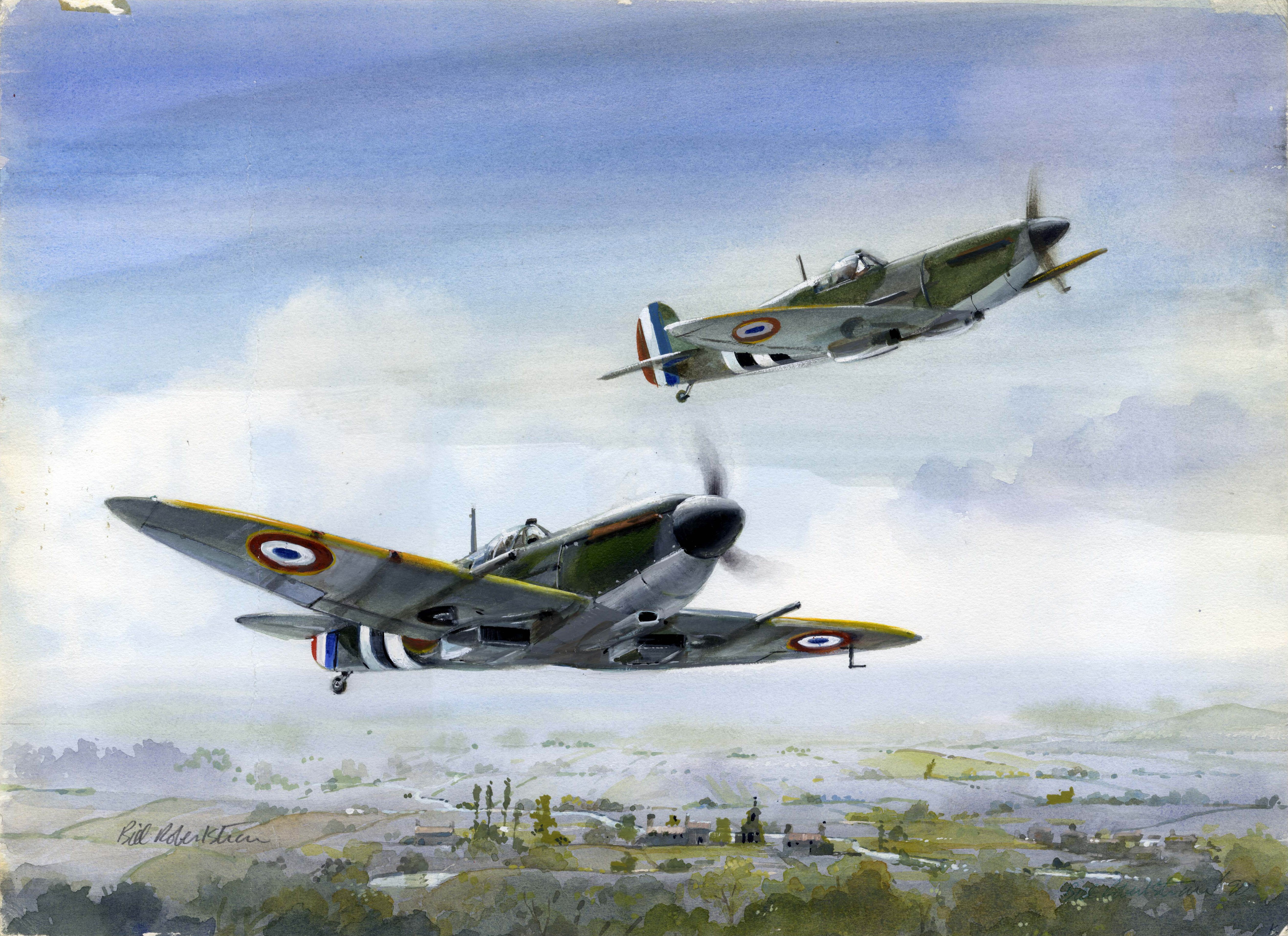 Free French Spitfires Flying Over Landscape Painting HD Wallpaper