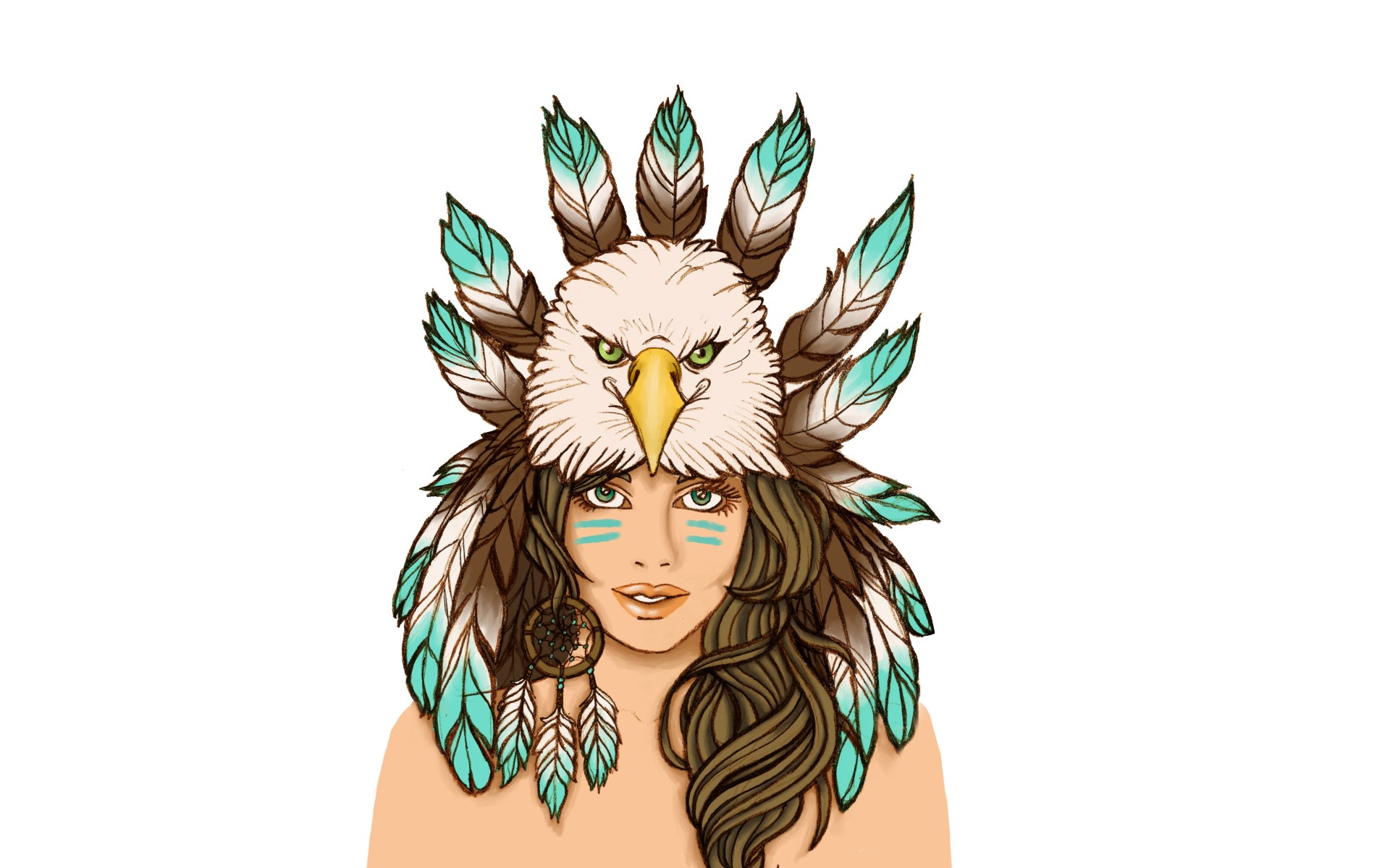 Woman wearing an eagle headdress with feathers and dreamcatcher HD Wallpaper