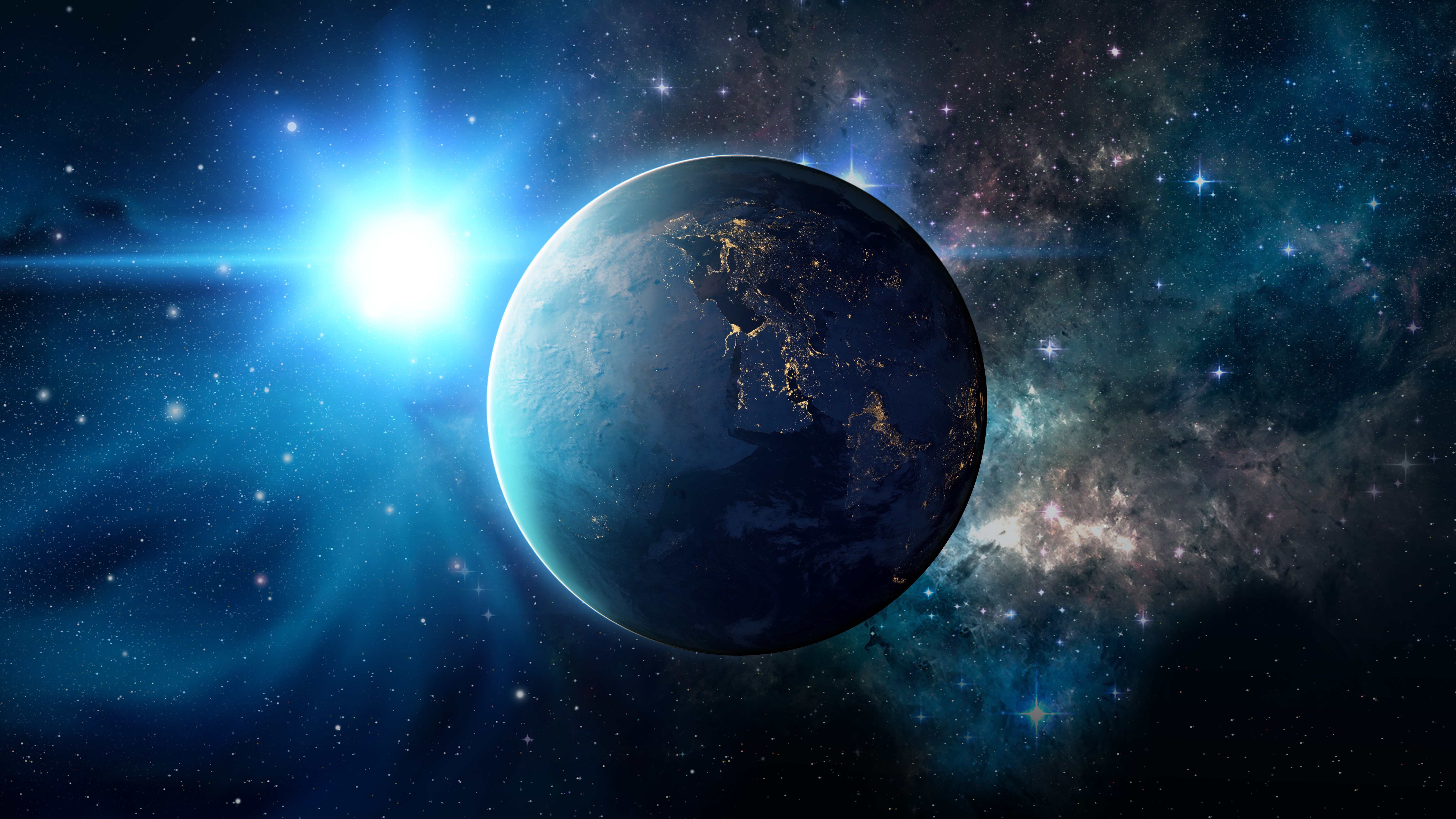 Planet Earth in Space with Sun and Nebula HD Wallpaper