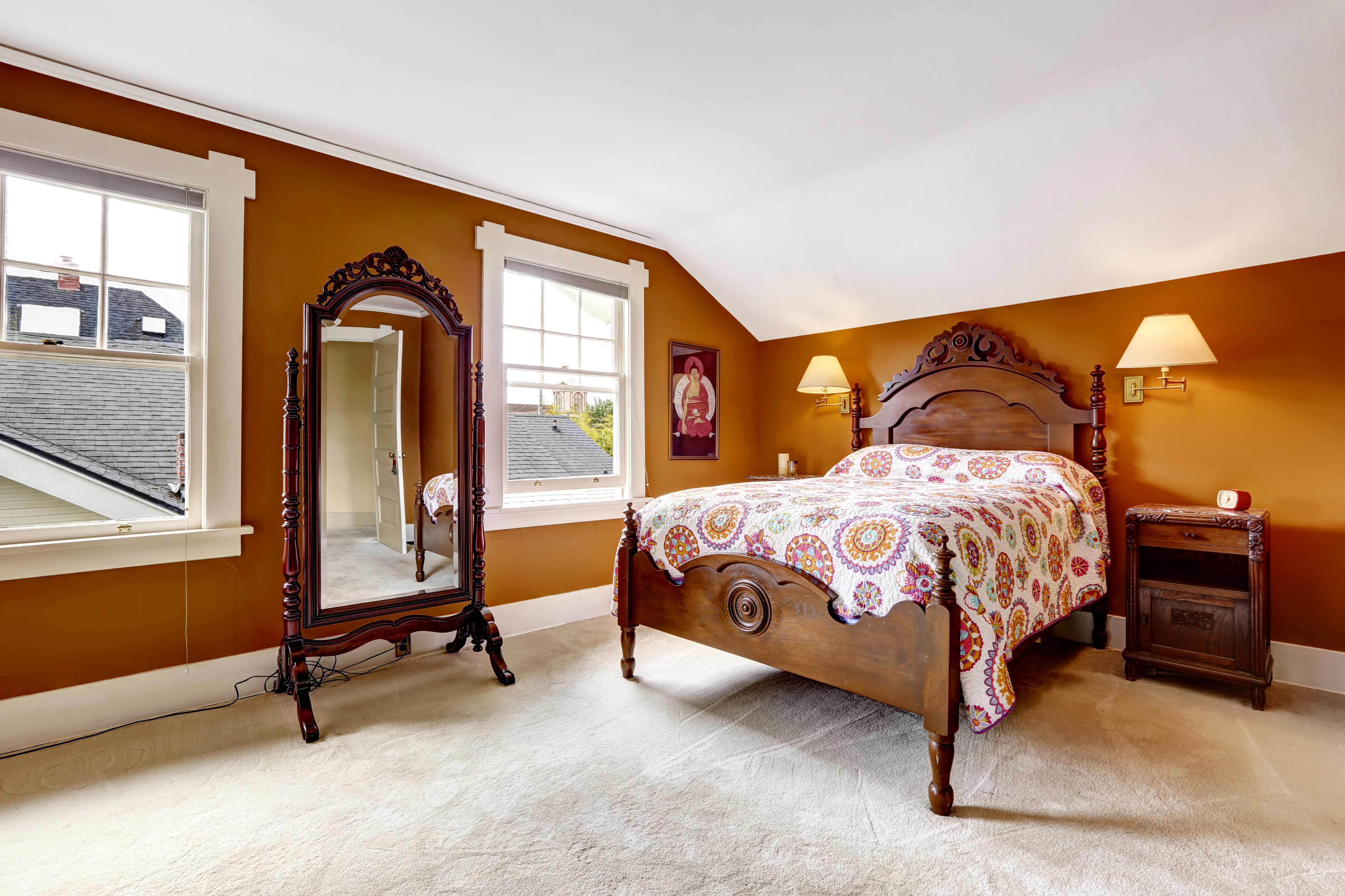 Bedroom with wooden bed and mirror HD Wallpaper