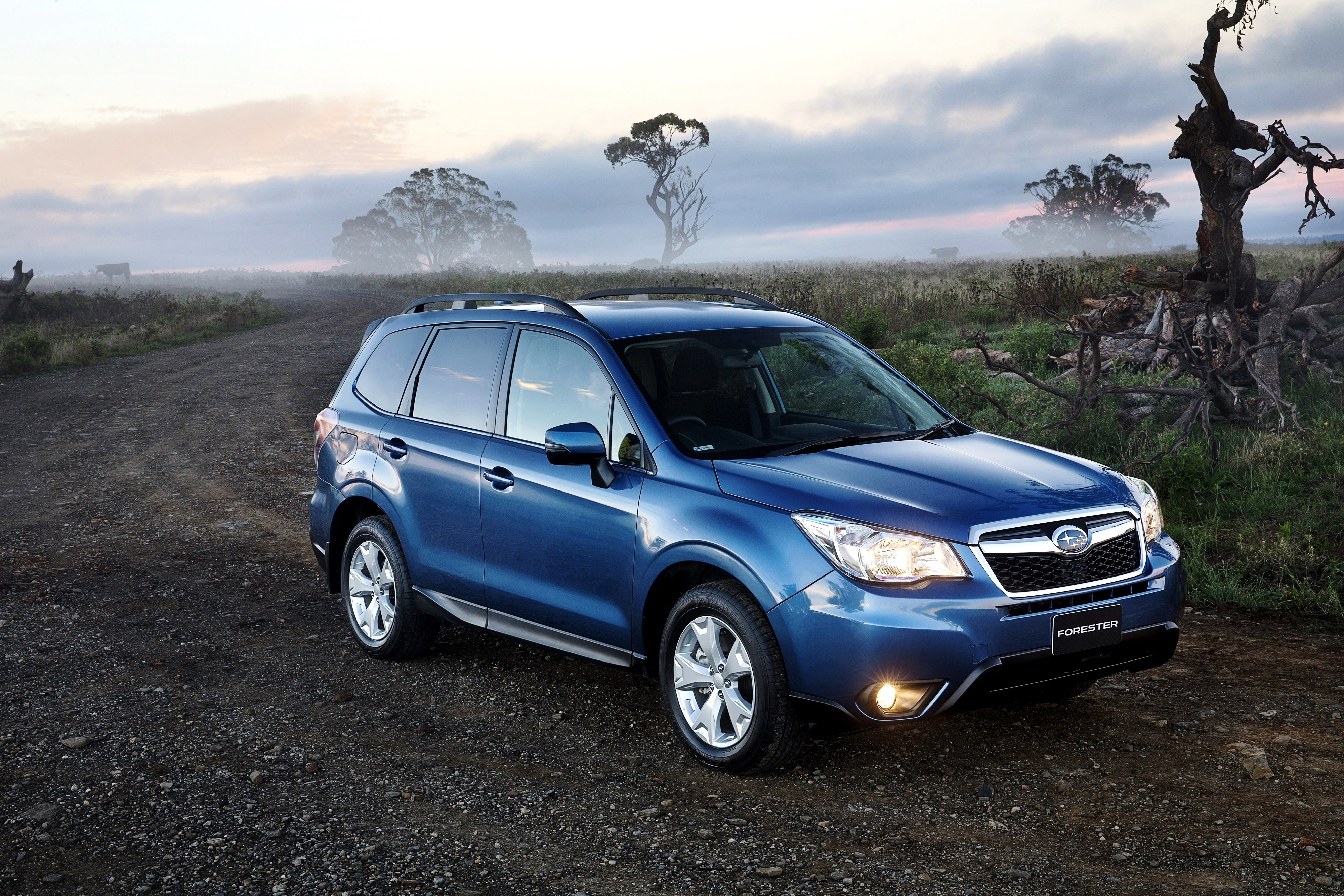 Blue 2014 Subaru Forester on a dirt road HD Wallpaper