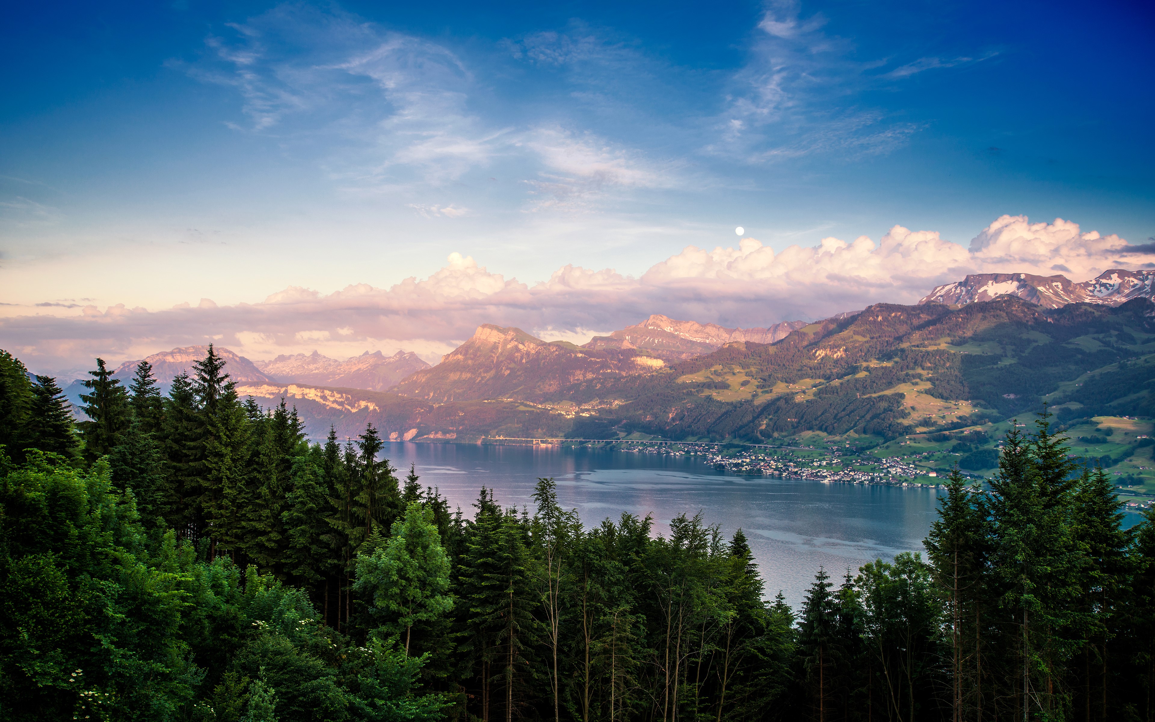 4K Adliswil Lake, Switzerland Scenery with Forests and Mountains HD Wallpaper