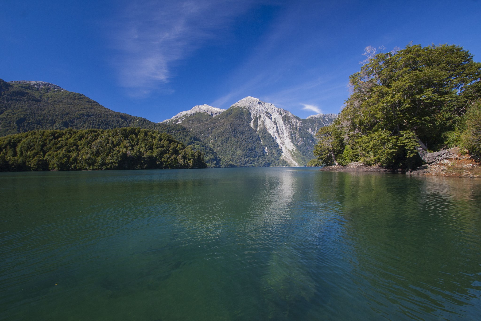 Lake and mountains with trees under a blue sky HD Wallpaper