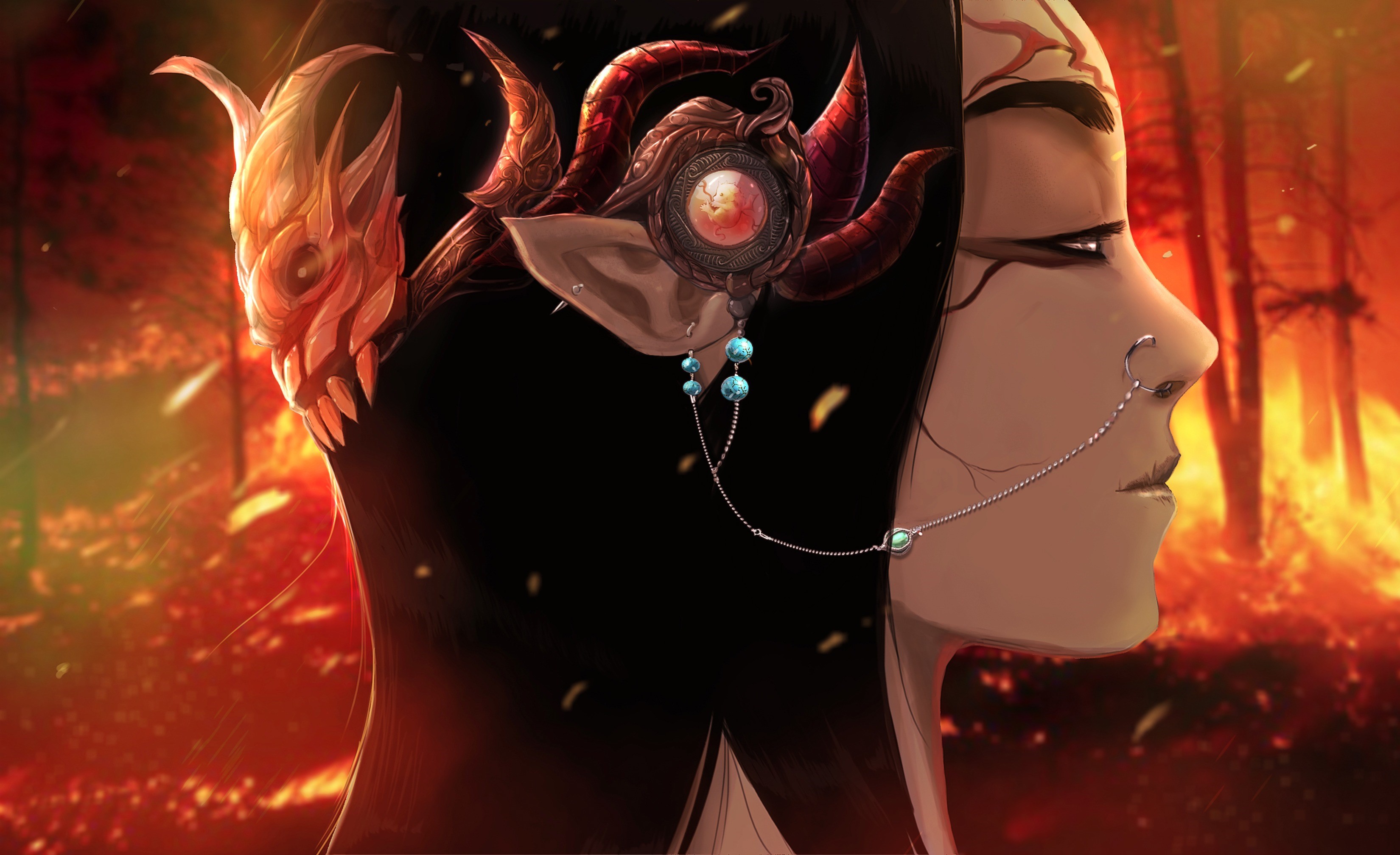 Character with horns and jewelry in a burning forest HD Wallpaper