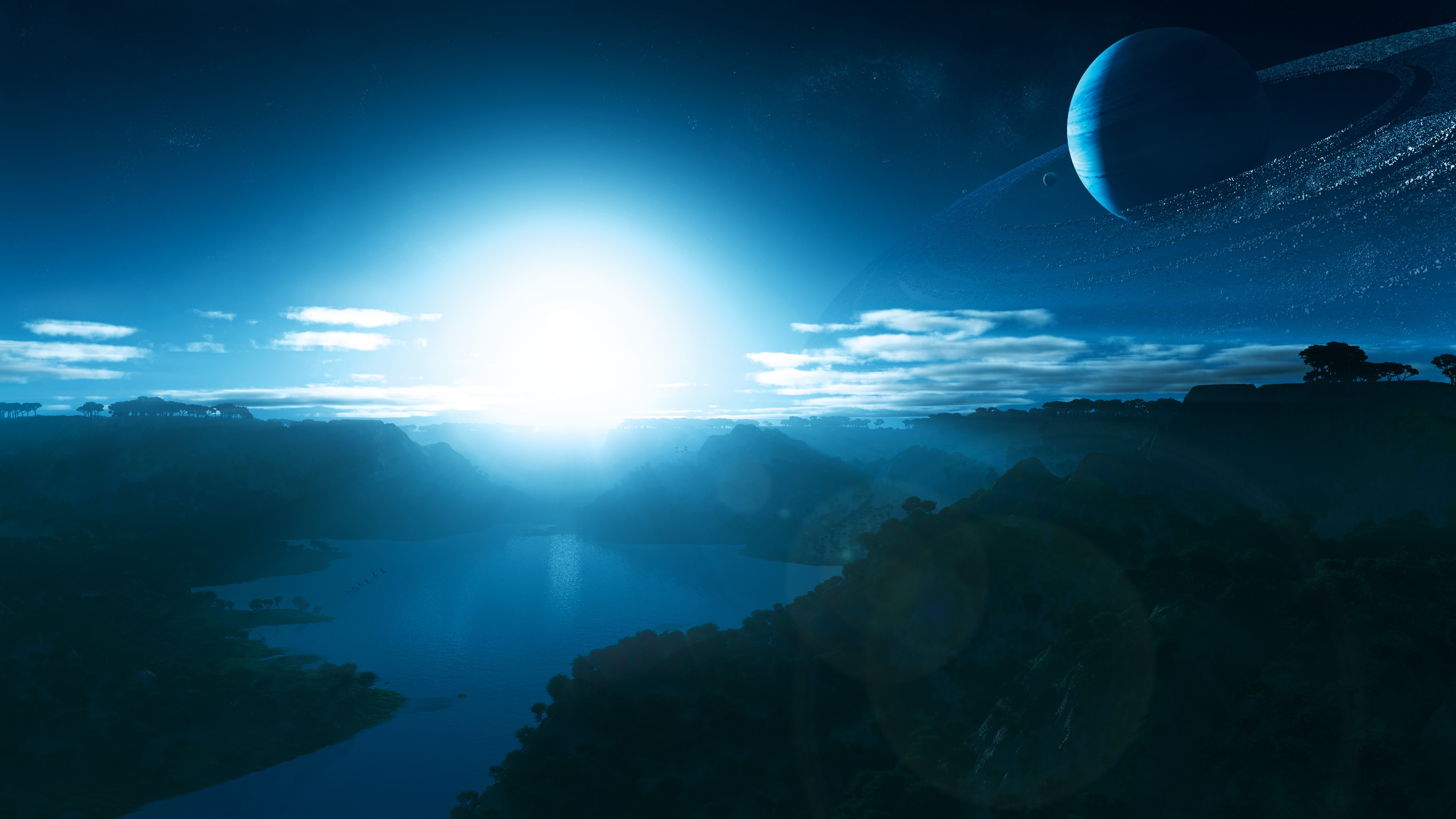 4K Planet with Rings and Mountainous Landscape HD Wallpaper