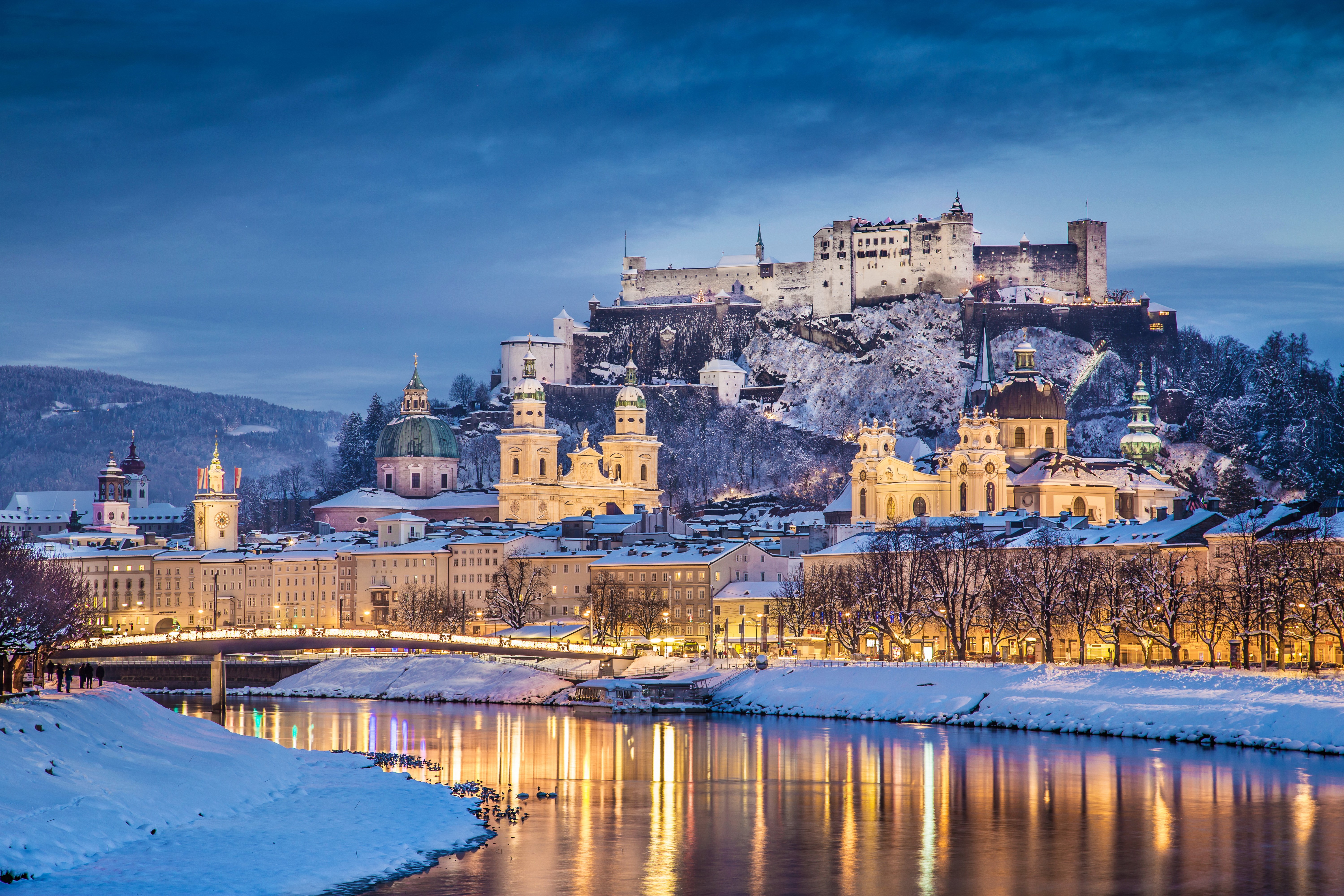 Salzburg Castle and Old Town in Winter at Night HD Wallpaper