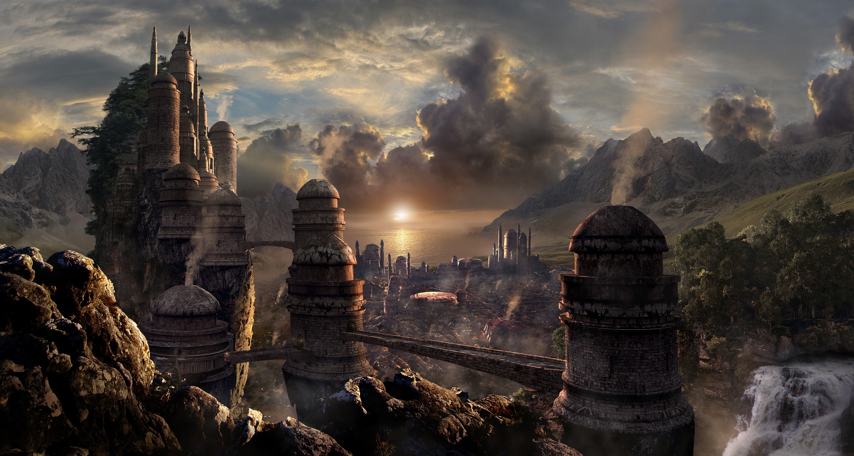 Scott Richard's fantastic world with mountains and bridges HD Wallpaper