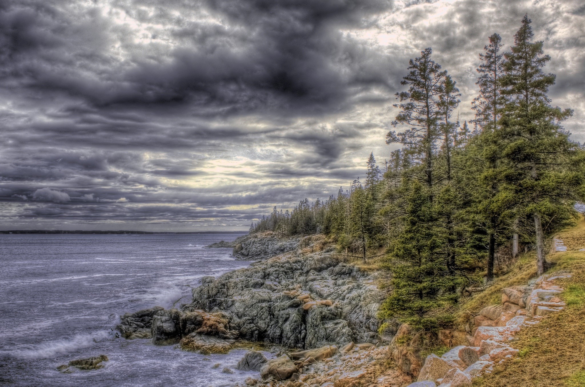 Rocky Coastline with Pine Trees and Stormy Sky HD Wallpaper