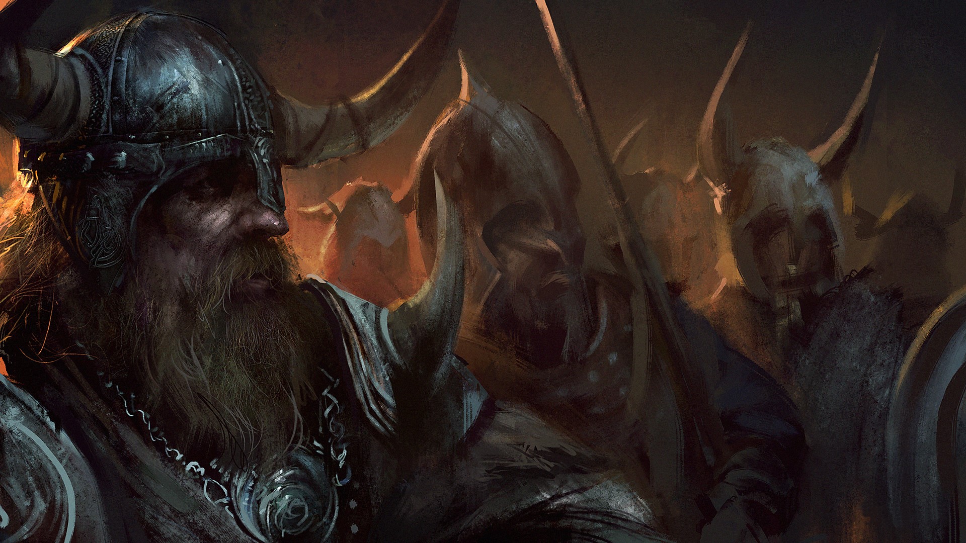 Warriors in horned helmets and armor HD Wallpaper