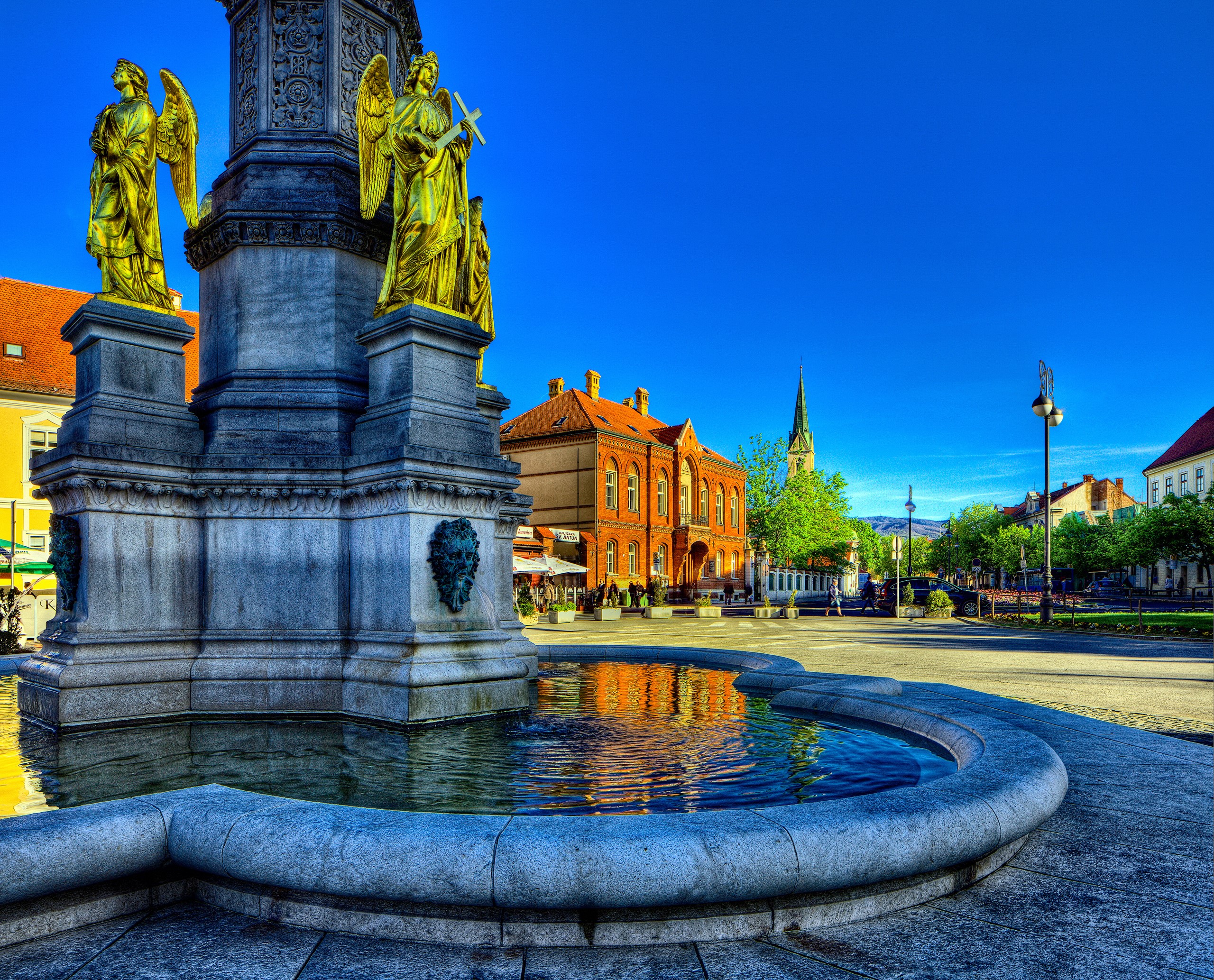 Fountain with angels monument in Zagreb, Croatia HD Wallpaper