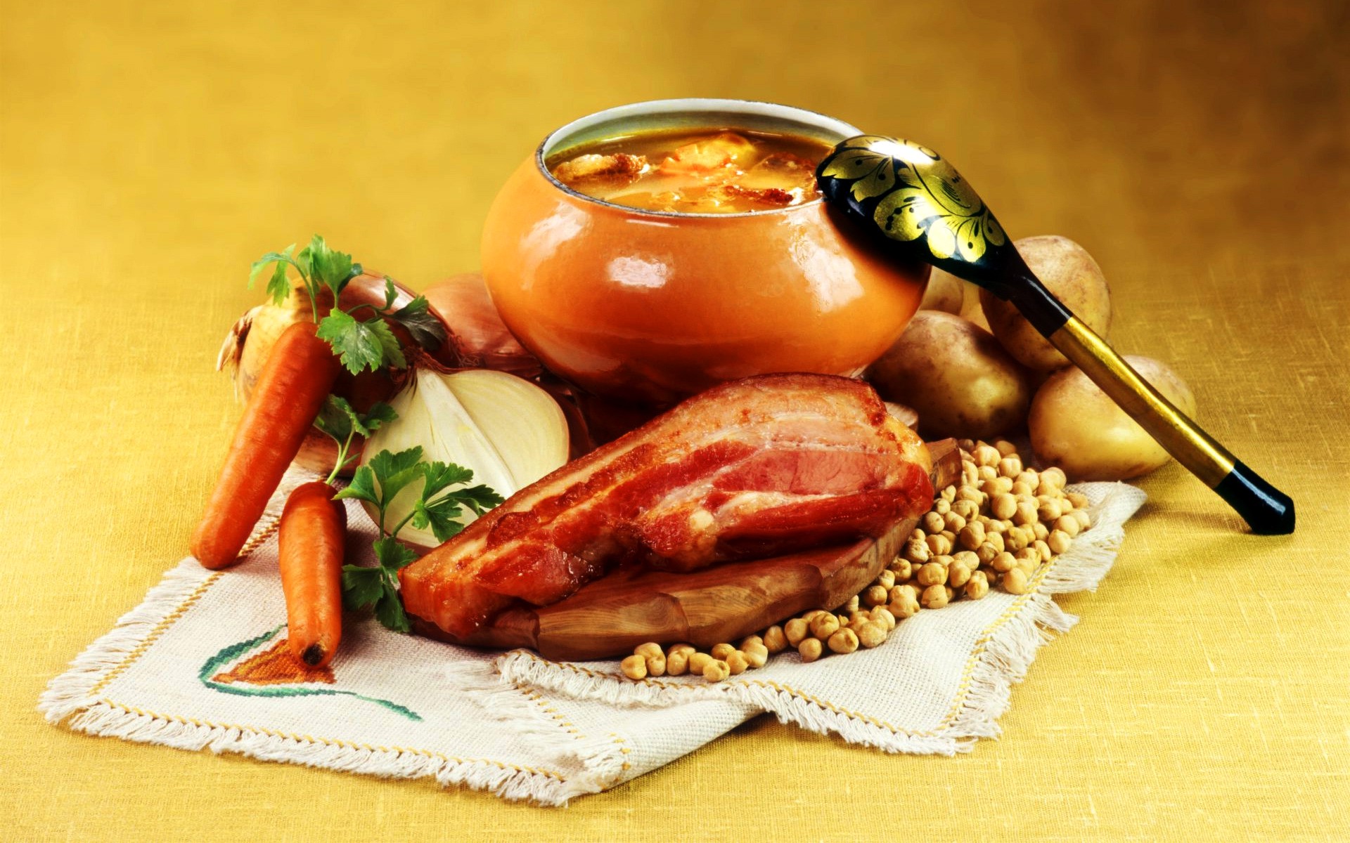 Still life of soup, bacon, vegetables, and potatoes HD Wallpaper