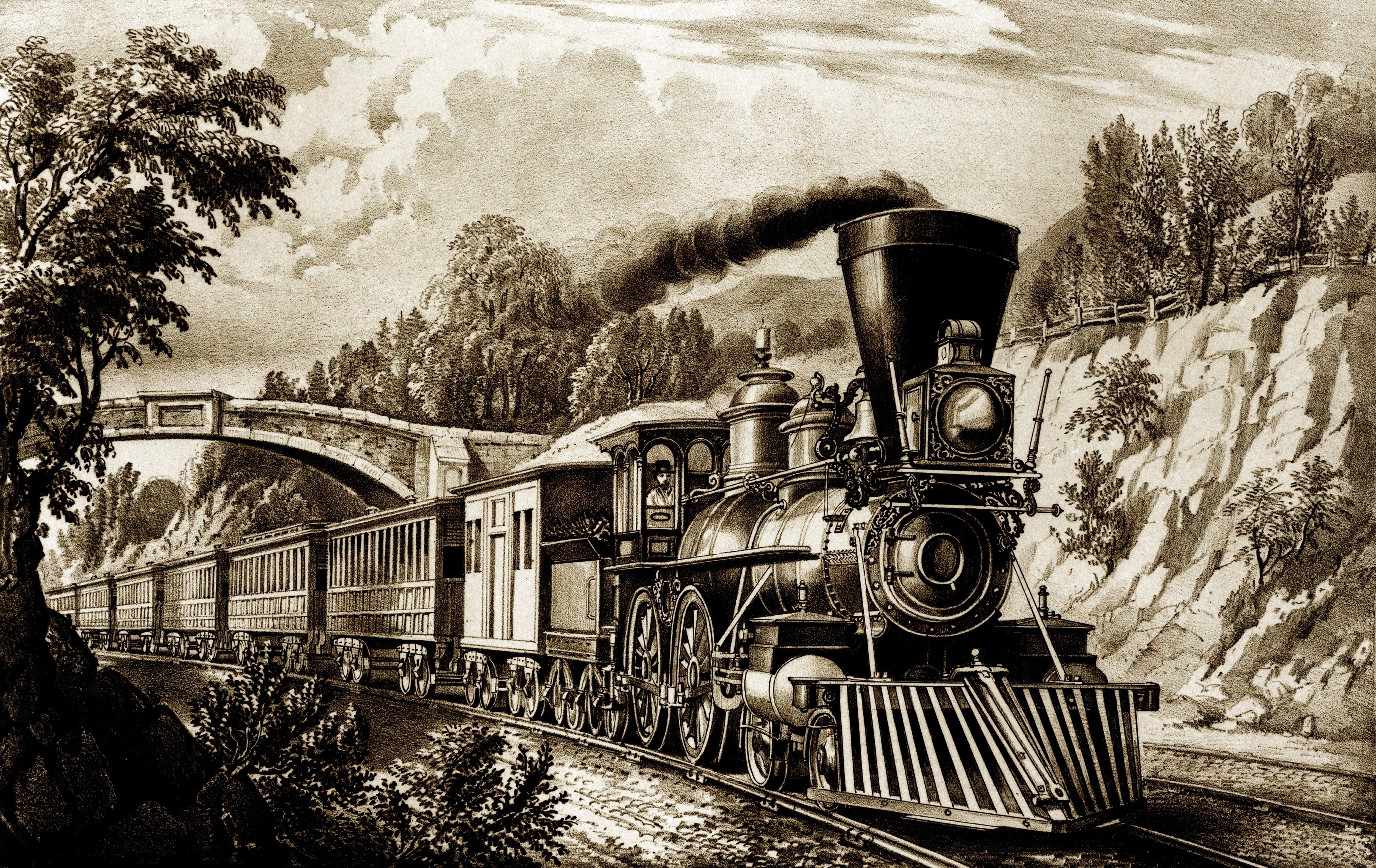 Vintage Steam Locomotive Pulling Train Across Bridge HD Wallpaper