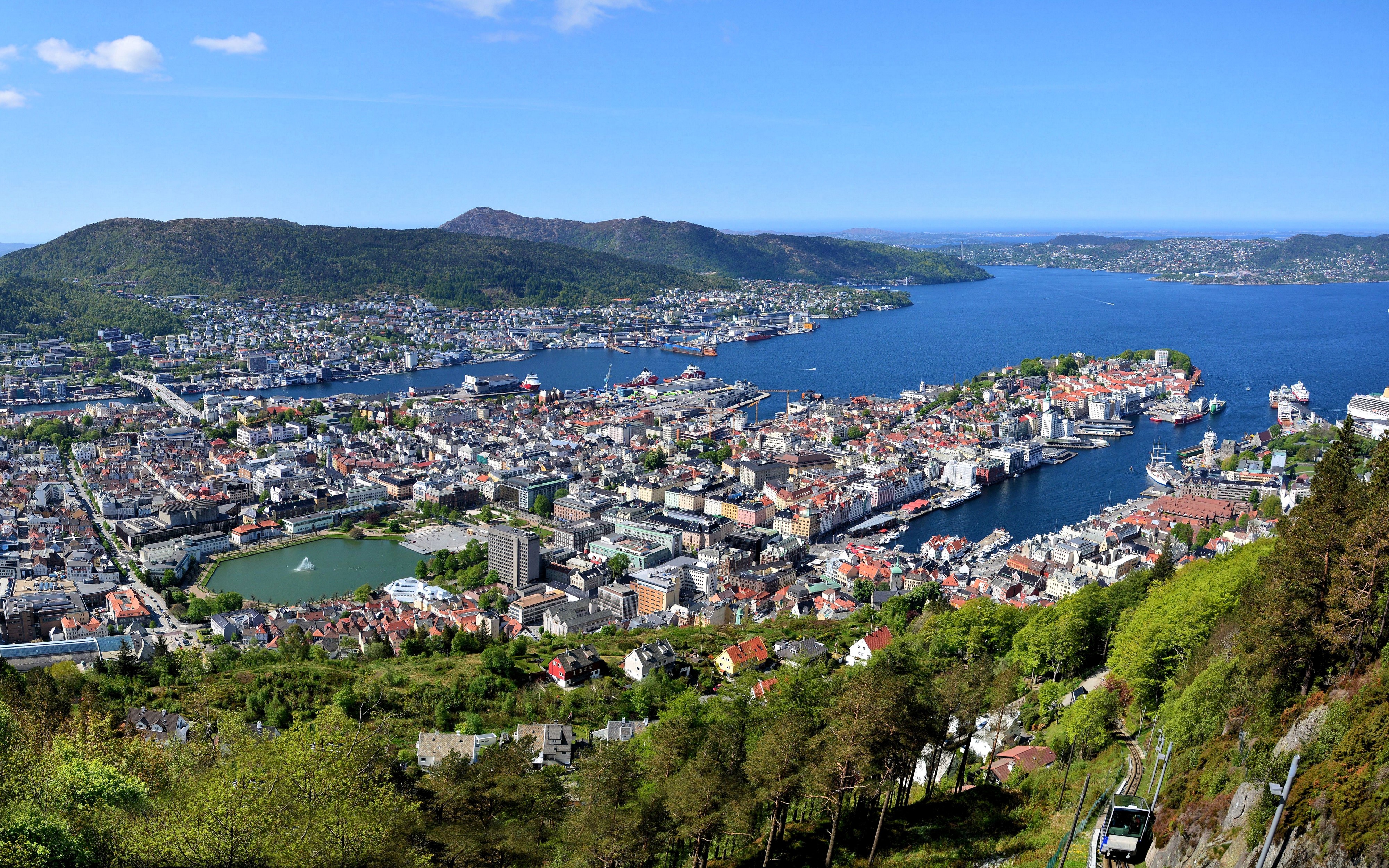 Bergen, Norway from above with fjord and mountains HD Wallpaper