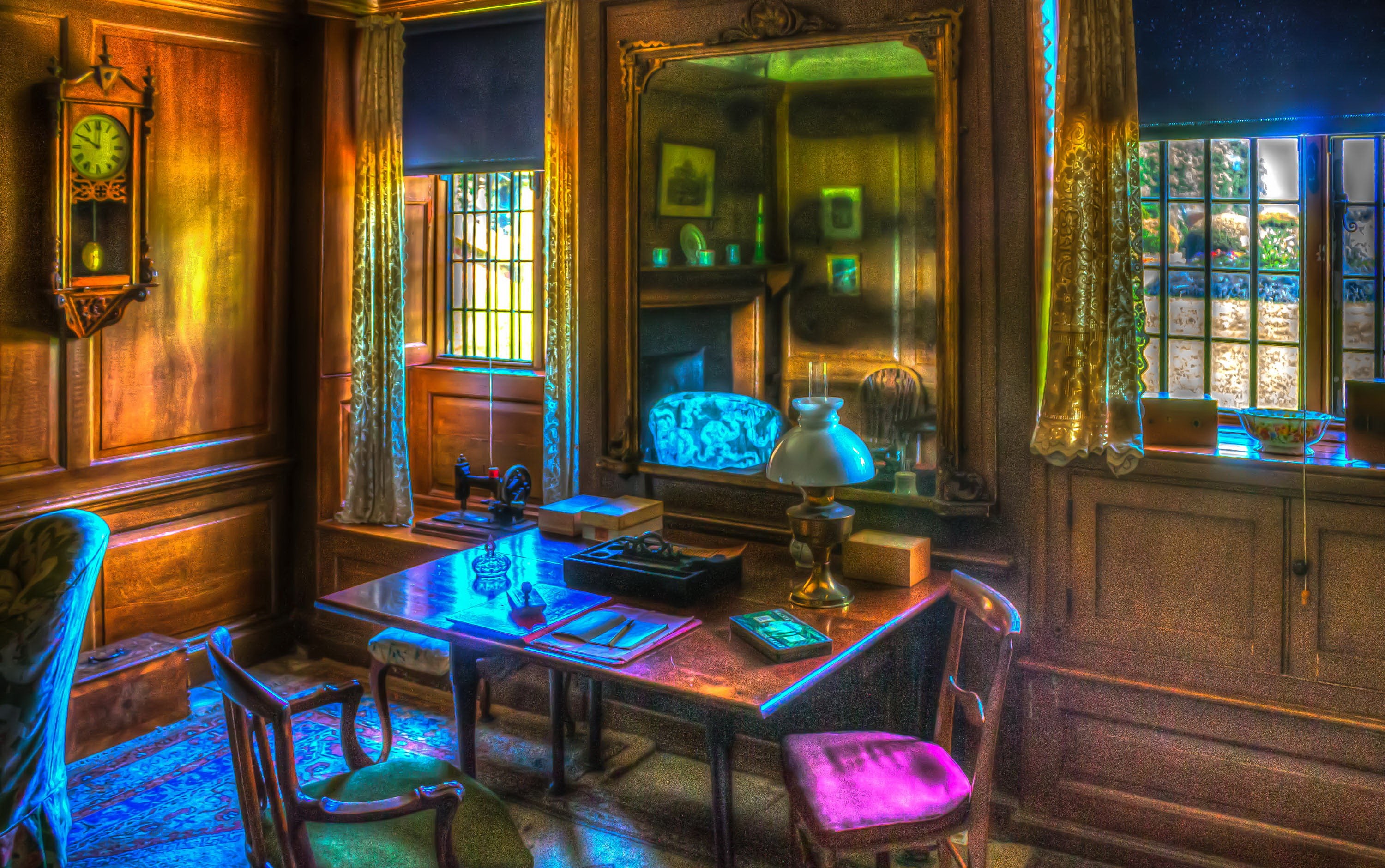 Vintage room with desk, sewing machine, and clock HD Wallpaper