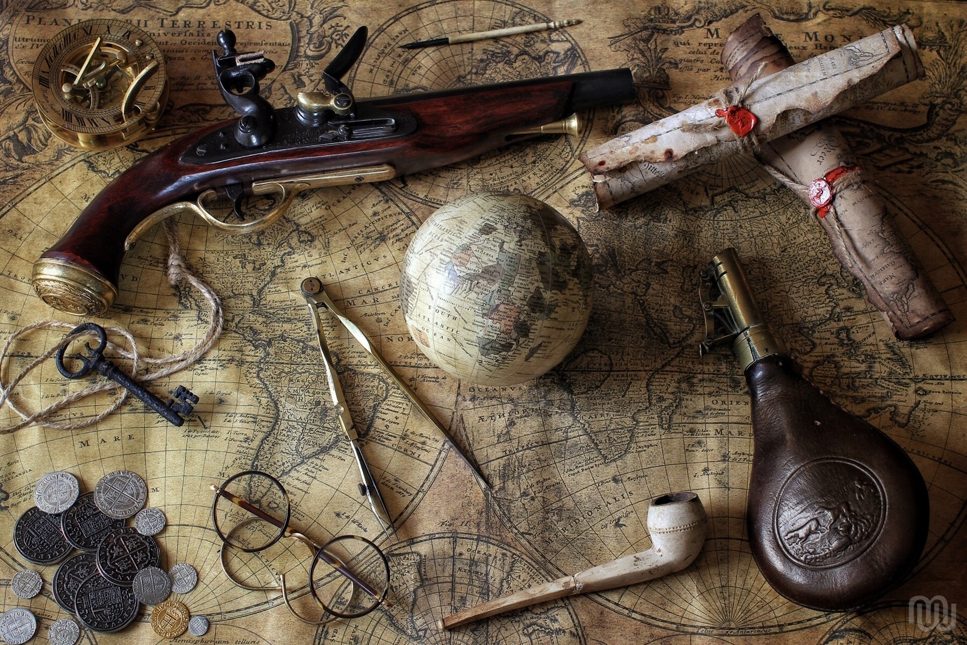 Antique pistol, compass, globe, coins, and pipe on a map HD Wallpaper