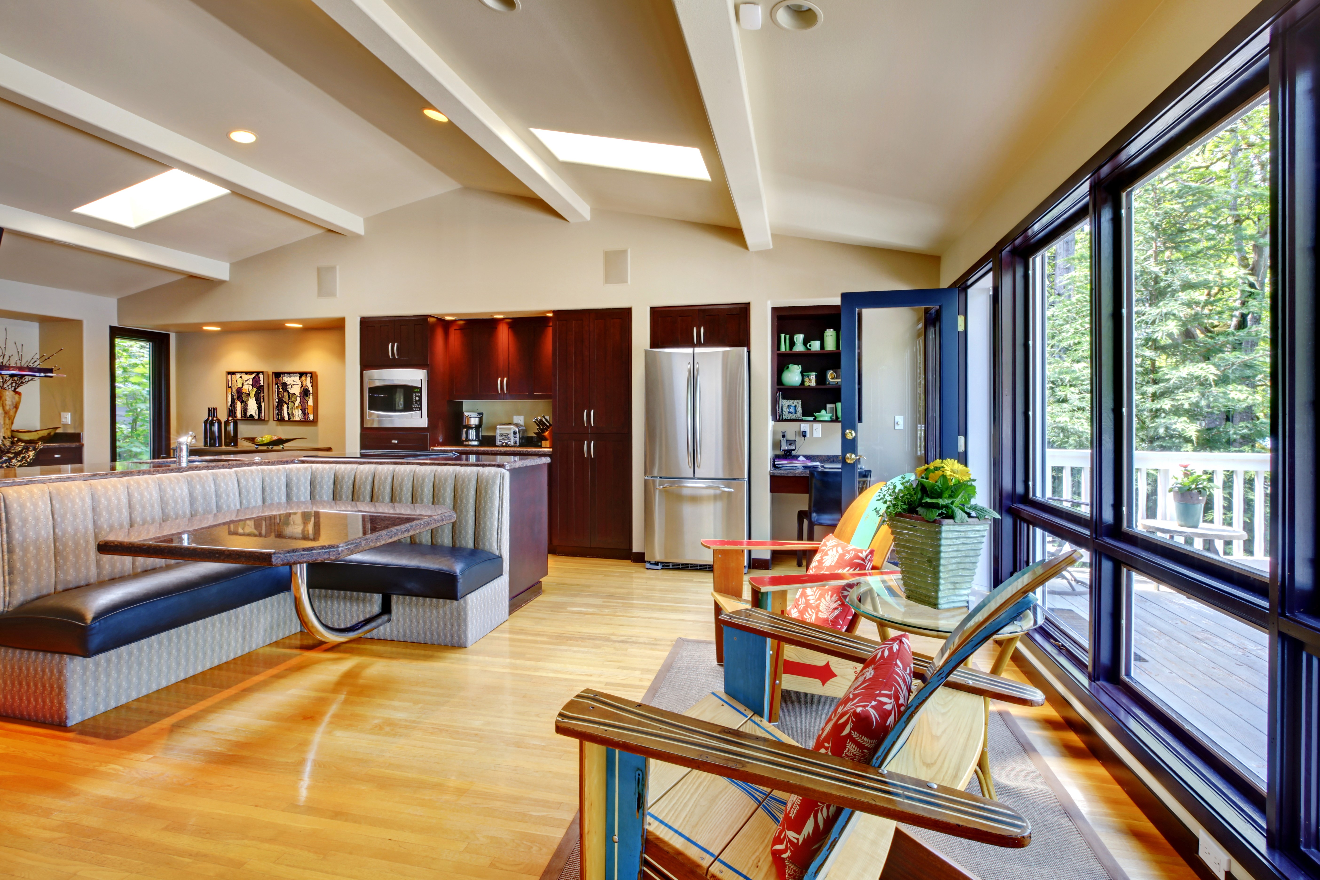 Interior design of a modern kitchen and living area HD Wallpaper