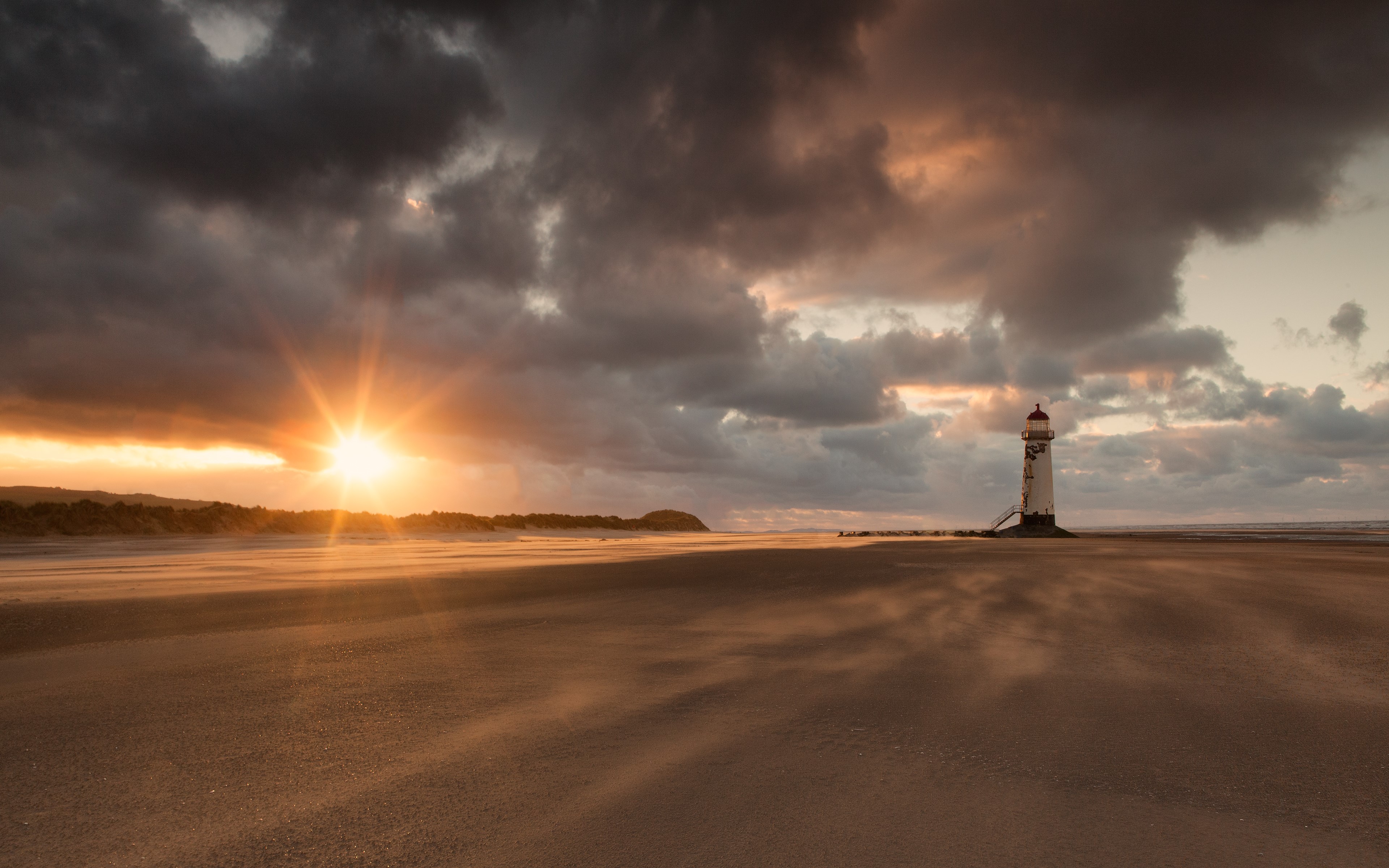 4K Lighthouse on Beach at Sunset HD Wallpaper
