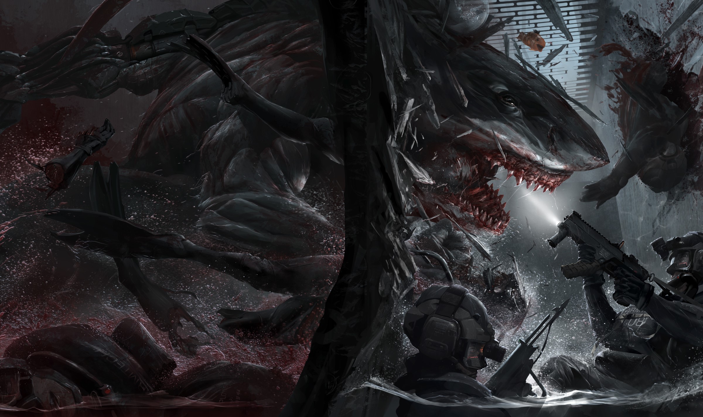 Mutant Shark Monster Attacks Soldiers HD Wallpaper