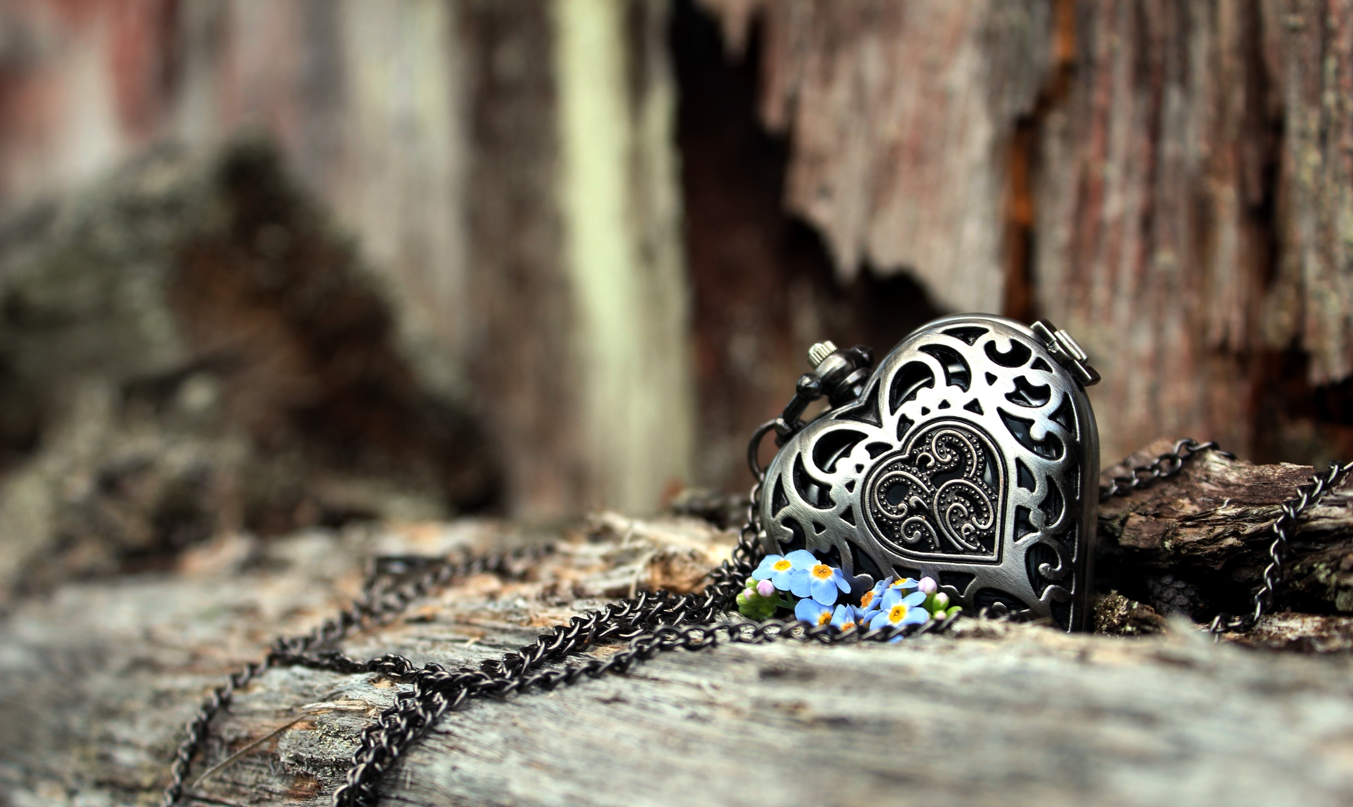 Heart locket with flowers on wood HD Wallpaper