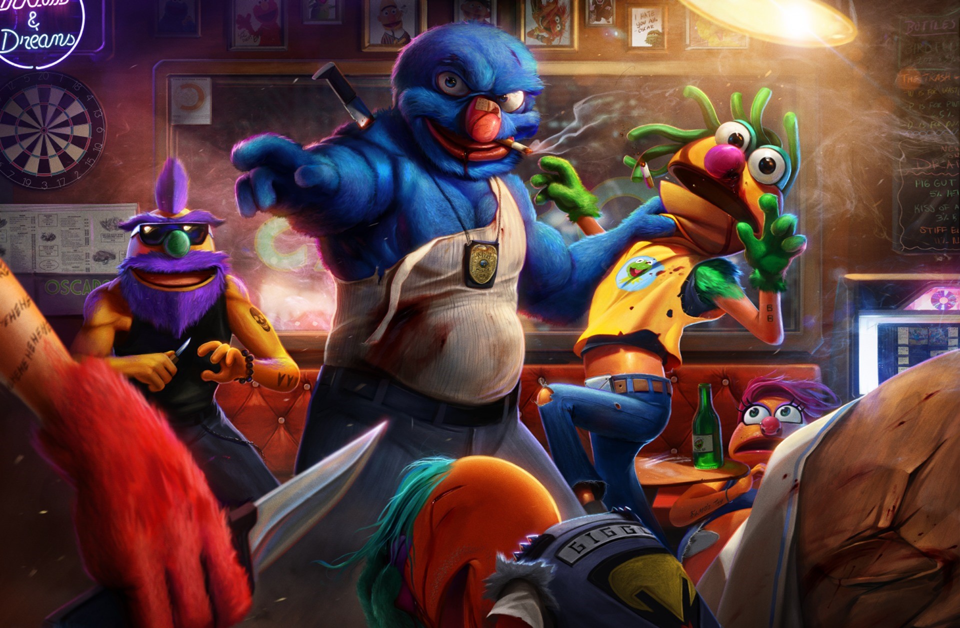 Grover and other Muppets in a bar fight HD Wallpaper