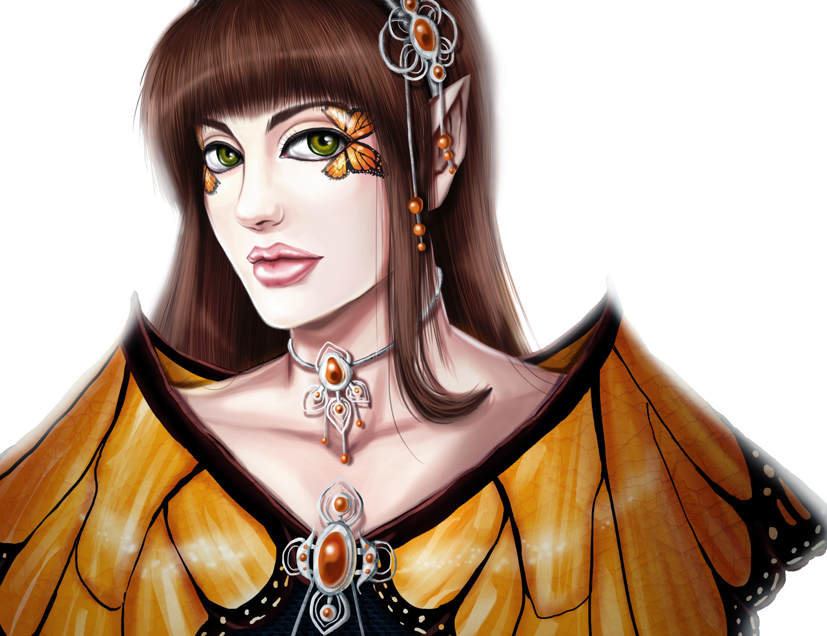 Woman with butterfly makeup and monarch wings HD Wallpaper