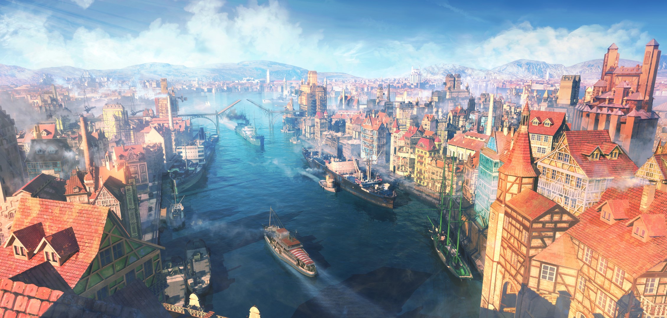 Panoramic view of a bustling port city with ships and buildings HD Wallpaper
