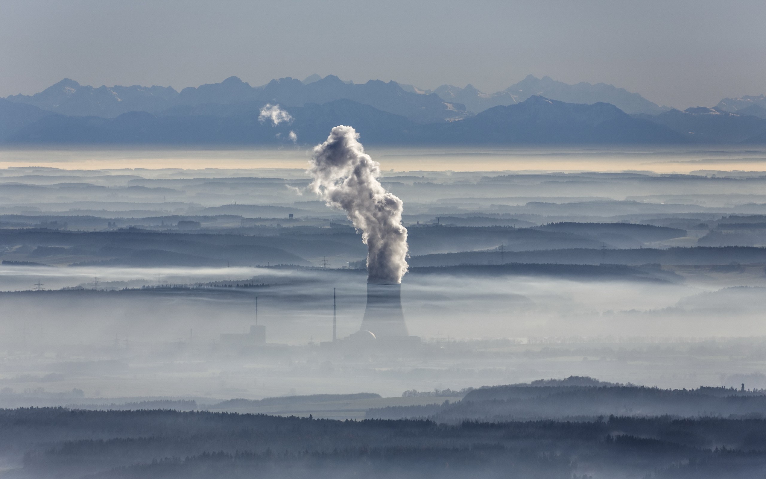 Isar Nuclear Power Plant smoke and fog over mountains HD Wallpaper