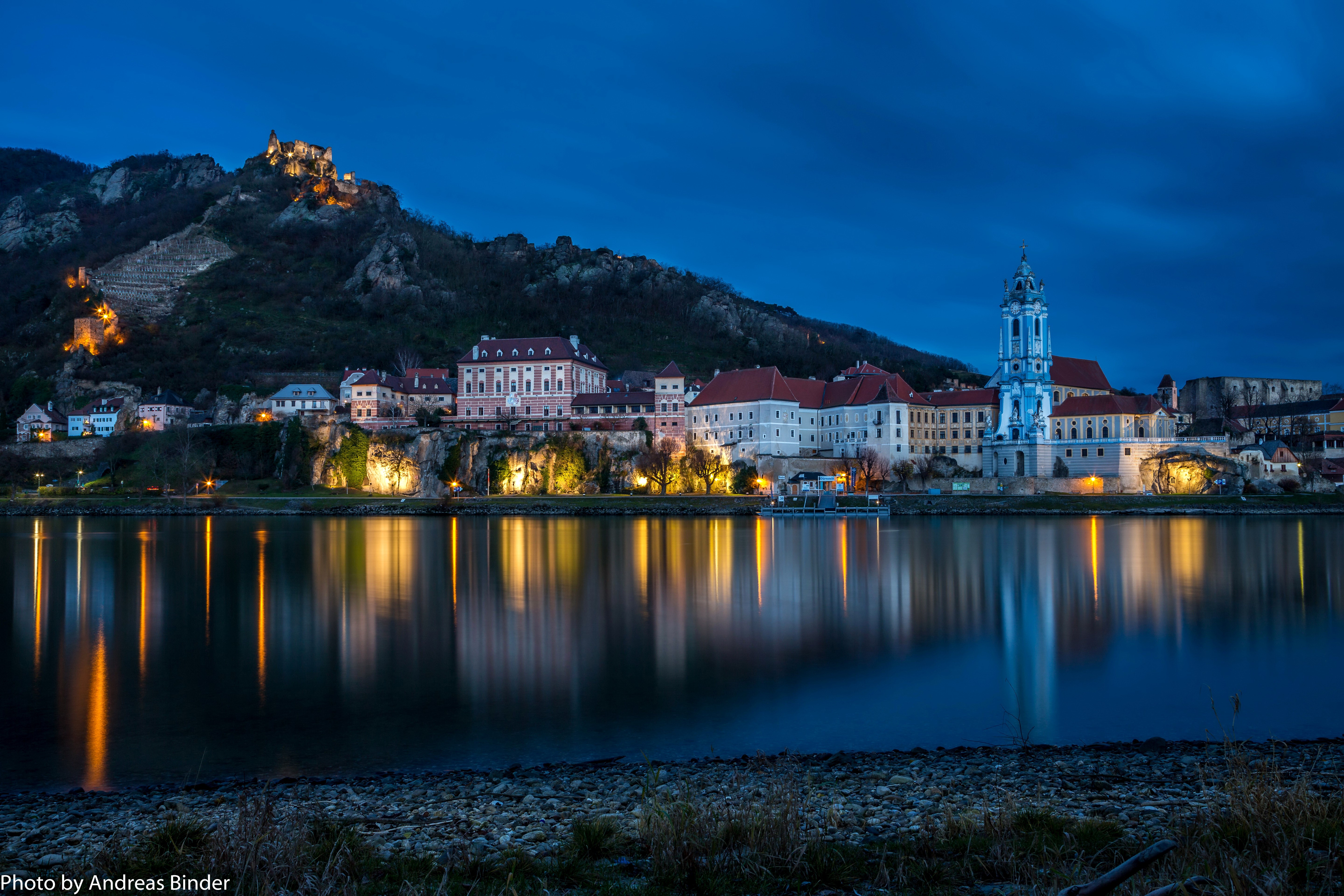 Austria Town and Castle on River at Night HD Wallpaper