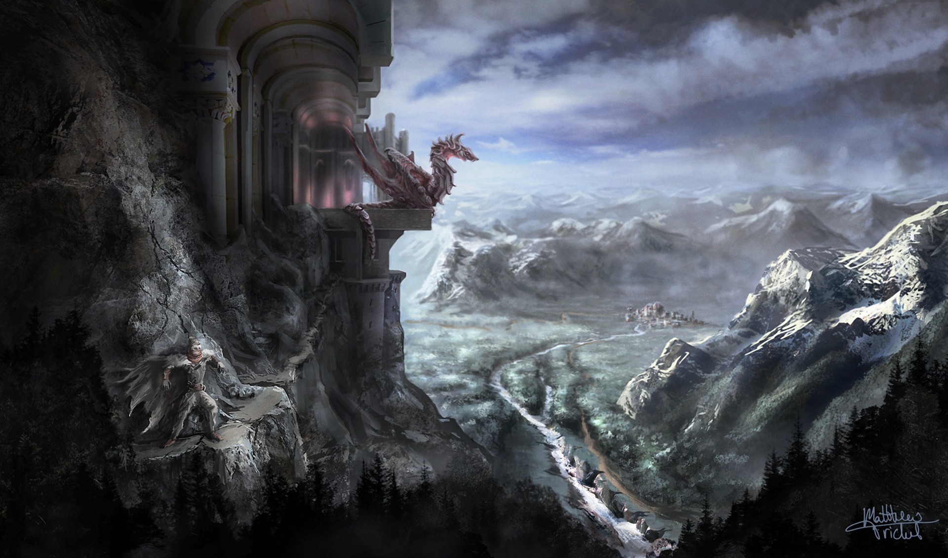 Dragon on a castle balcony overlooking mountains HD Wallpaper