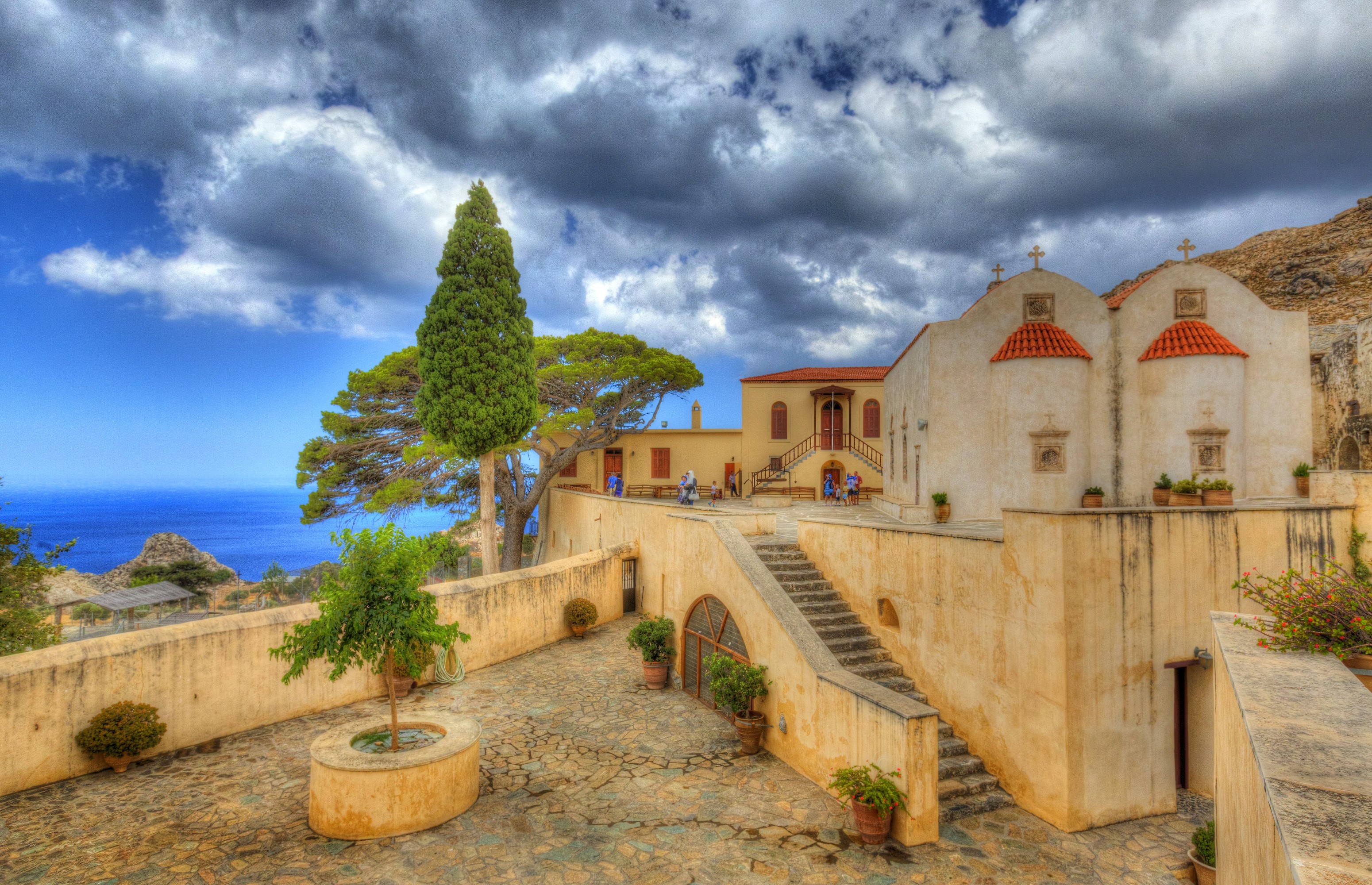 Moni Prevali Monastery in Crete under Dramatic Sky HD Wallpaper