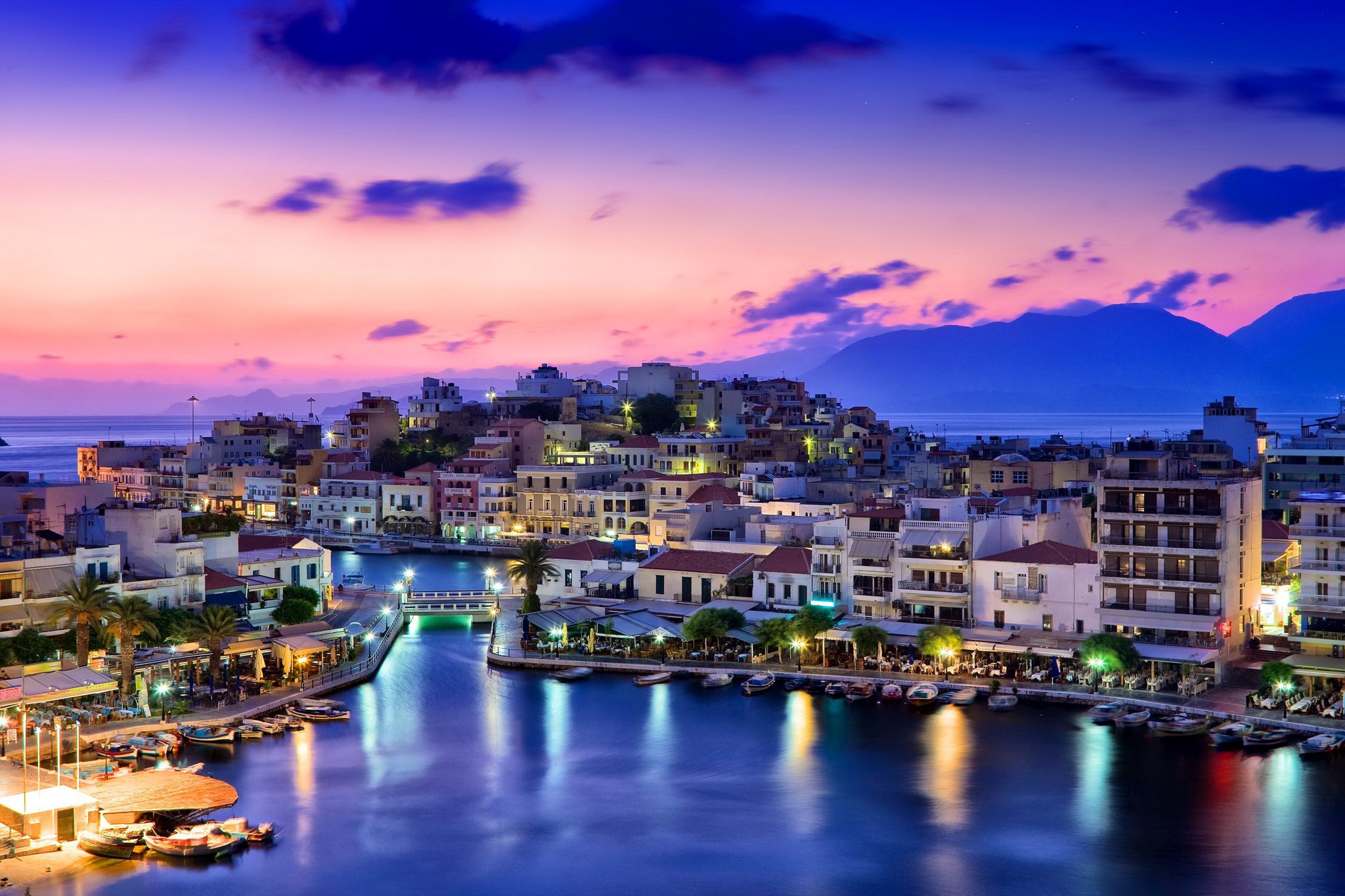 Agios Nikolaos harbor at sunset, Mirabello, Greece HD Wallpaper