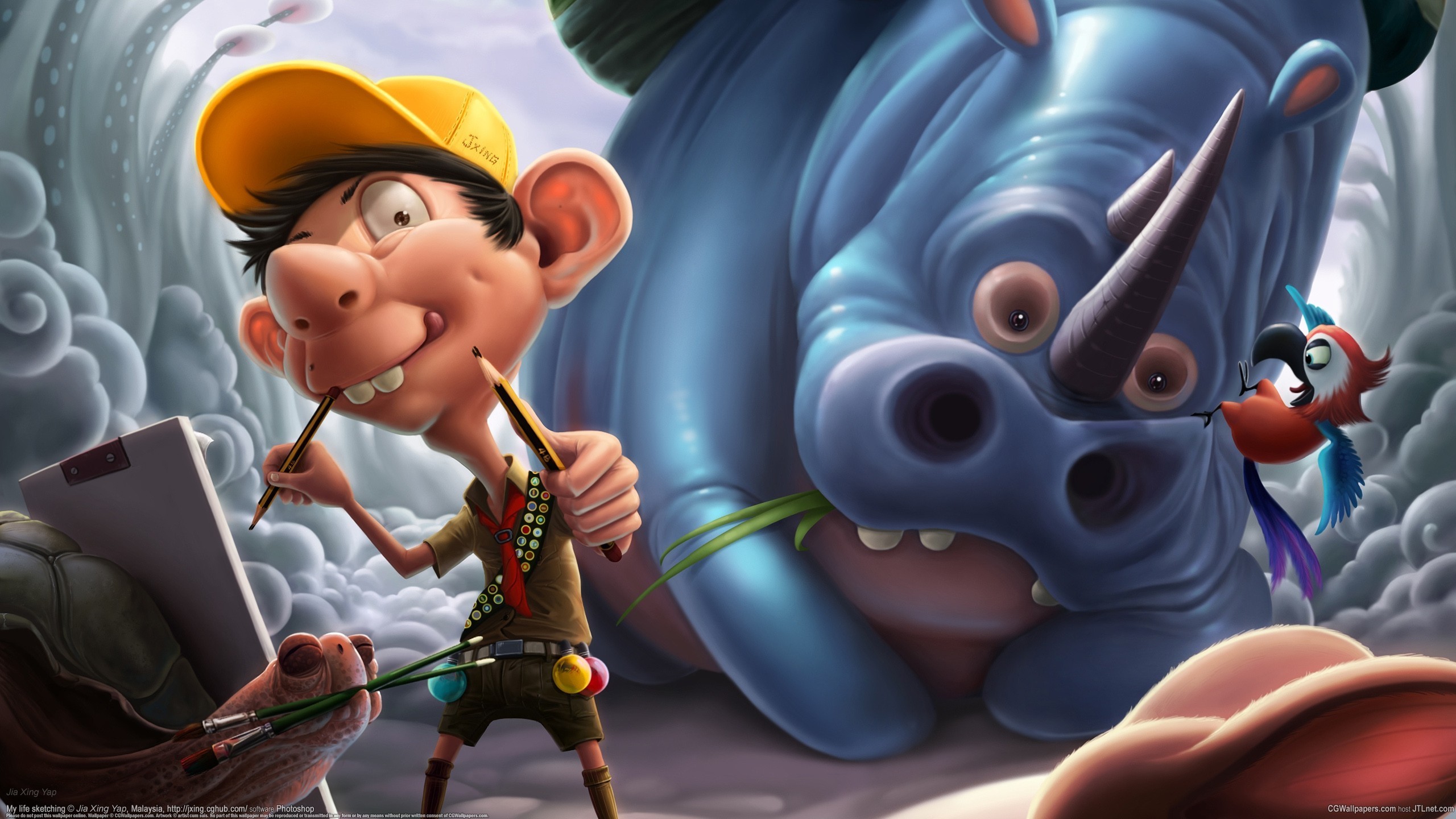 Boy sketching a rhino with a parrot and turtle HD Wallpaper