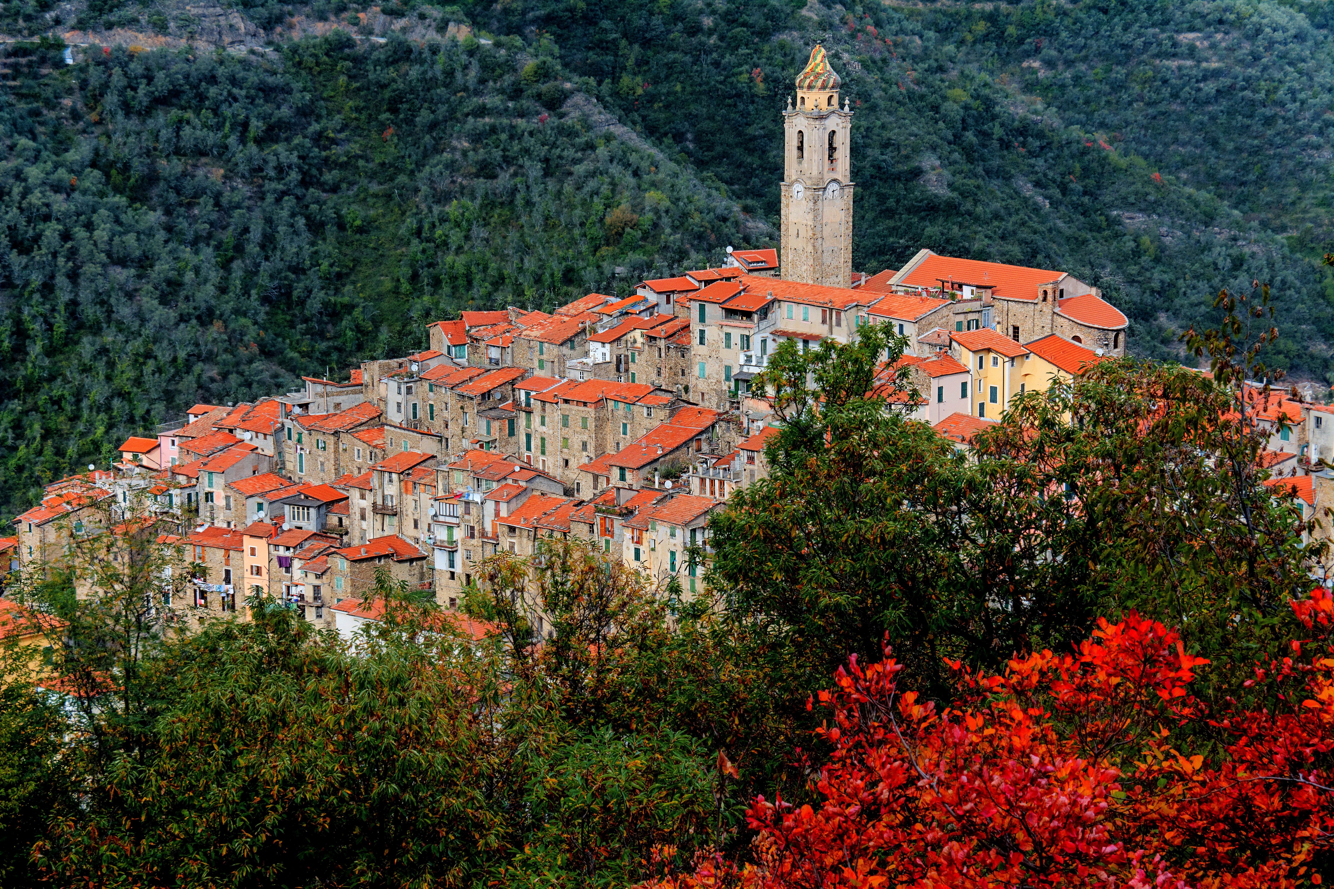 Castel Vittorio, Liguria, Italy with Church Tower HD Wallpaper