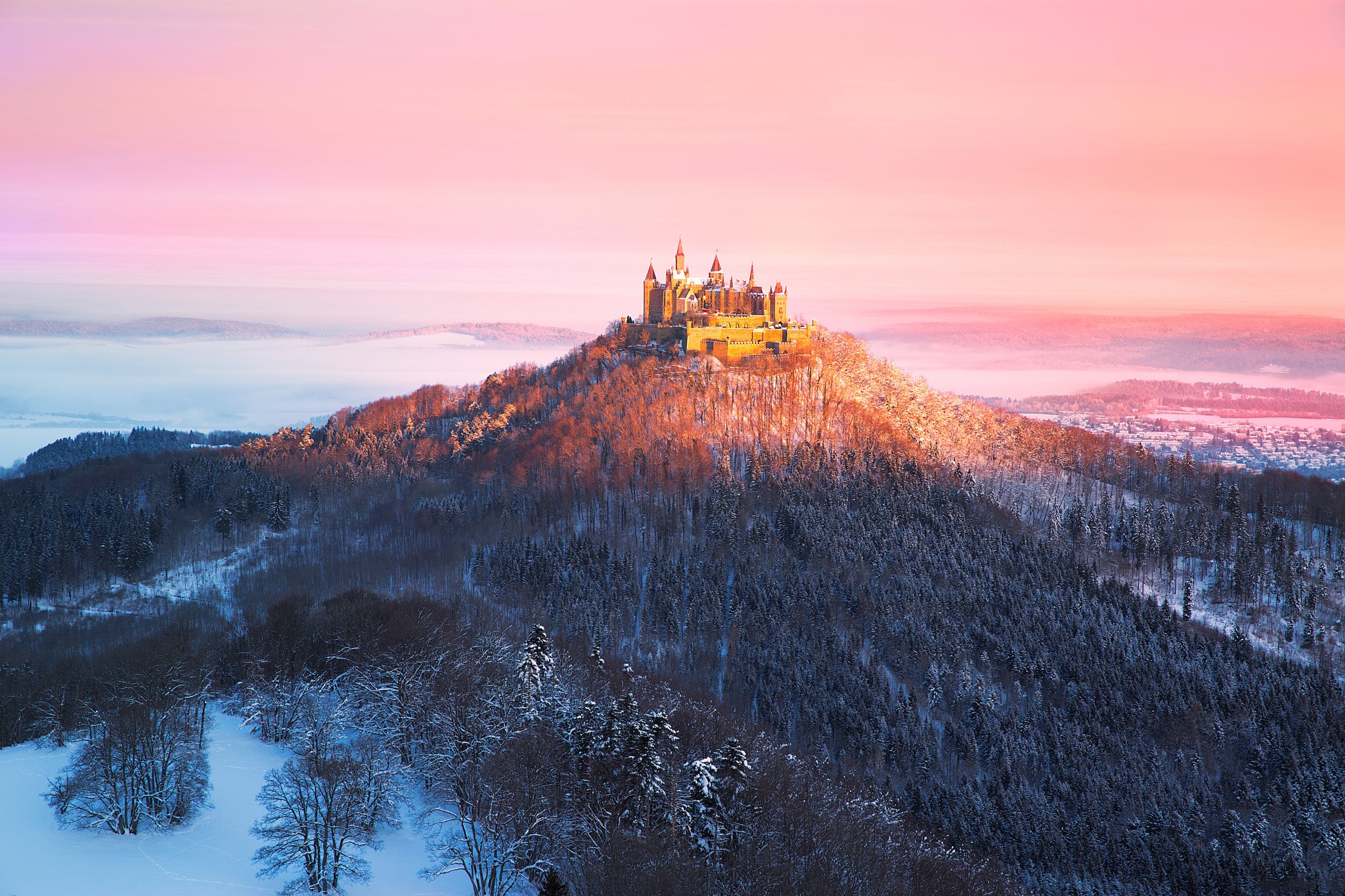 Hohenzollern Castle in Germany during winter sunset HD Wallpaper
