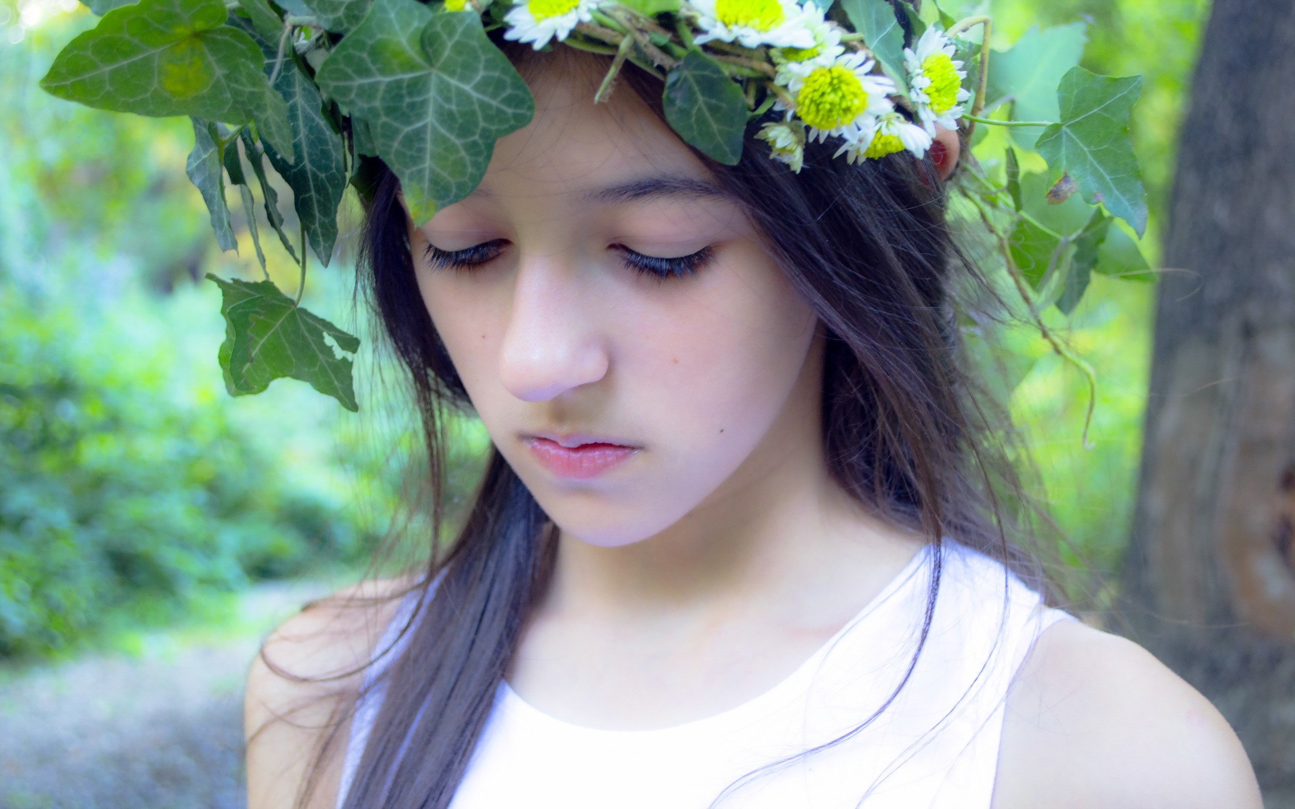 Girl with a flower crown in nature HD Wallpaper