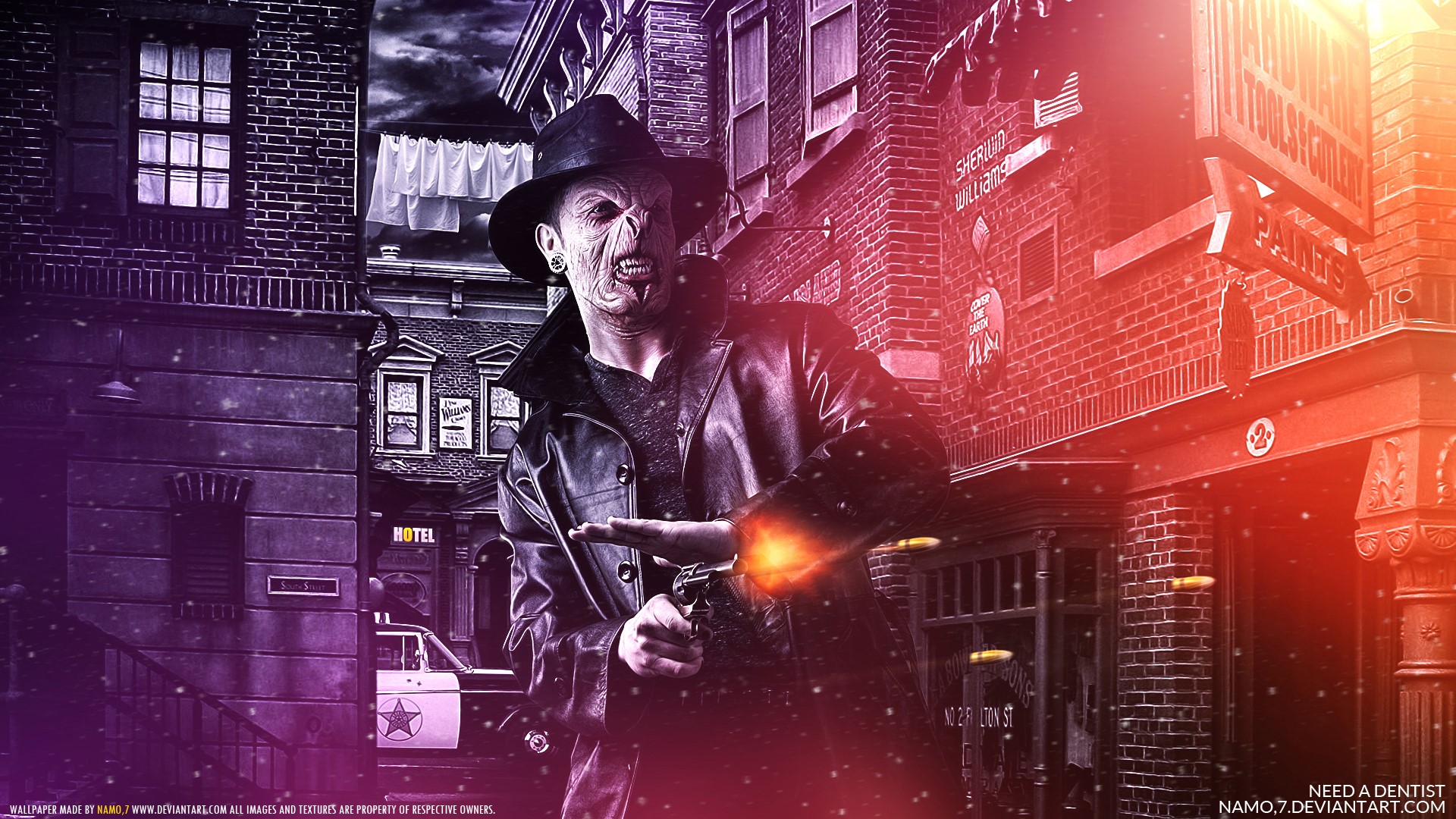 Man in hat firing a gun on a street HD Wallpaper